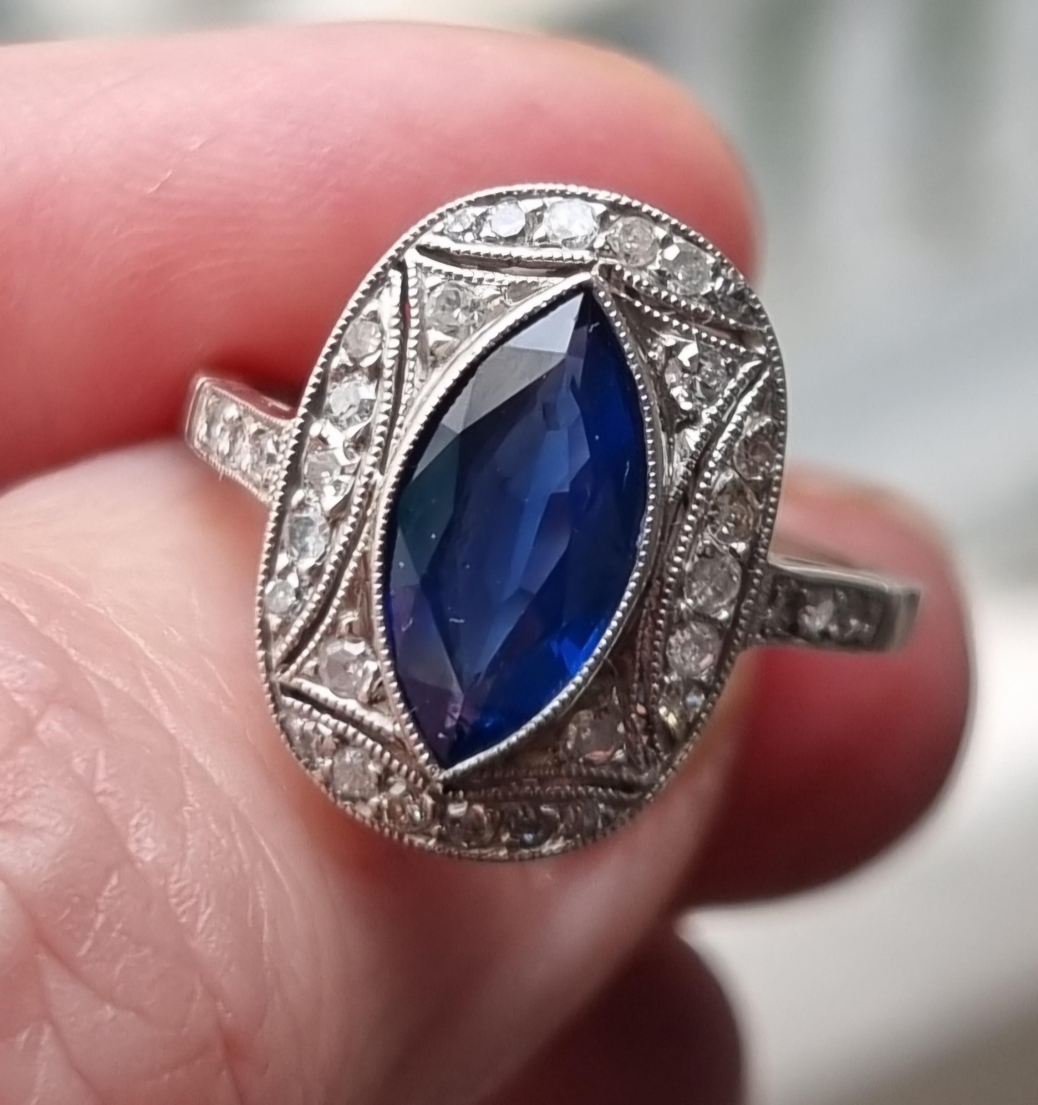 Art Deco Marquise Blue Sapphire and Diamond Ring  mounted in Platinum For Sale 2