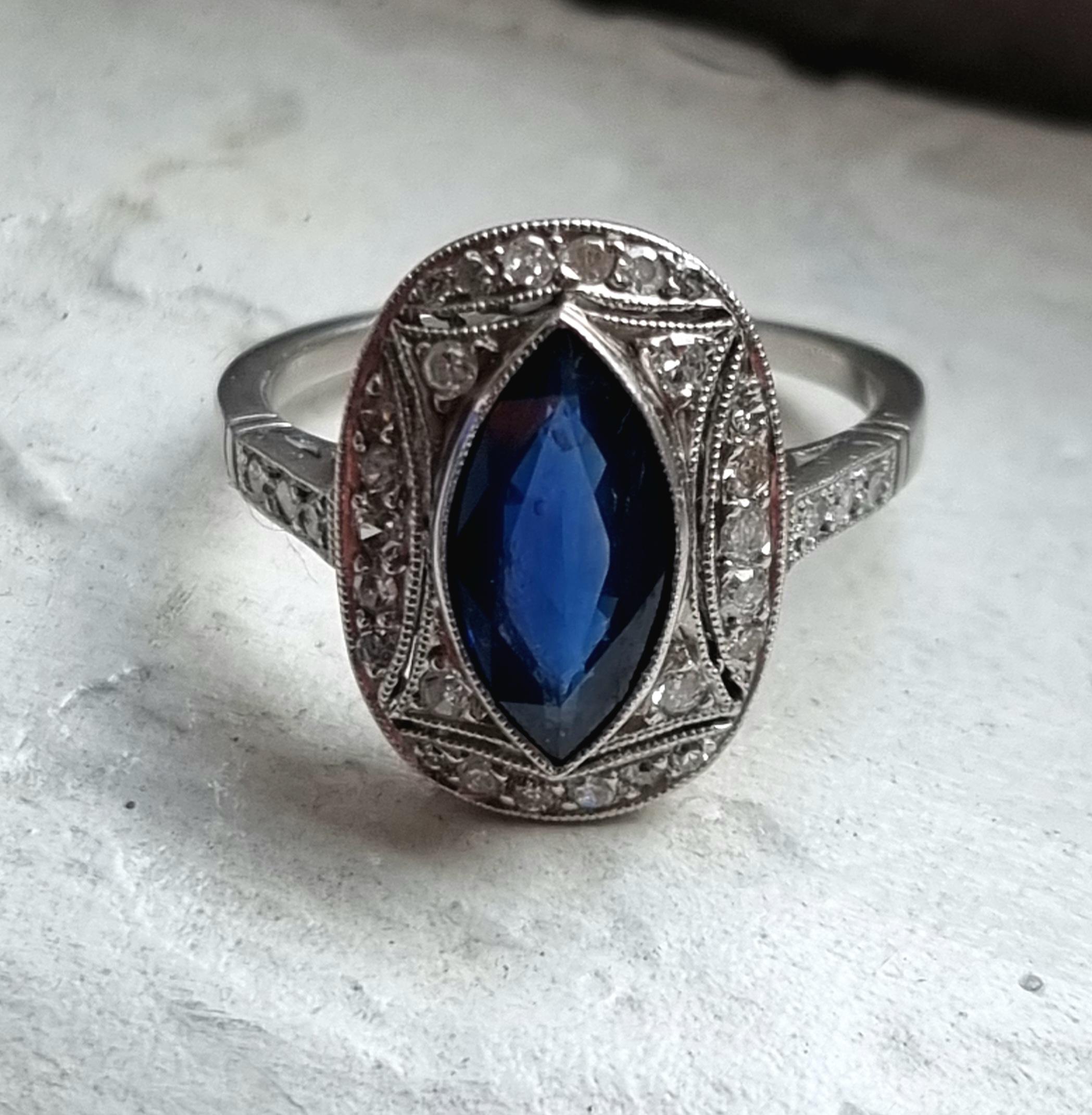 Art Deco Marquise Blue Sapphire and Diamond Ring  mounted in Platinum For Sale 4