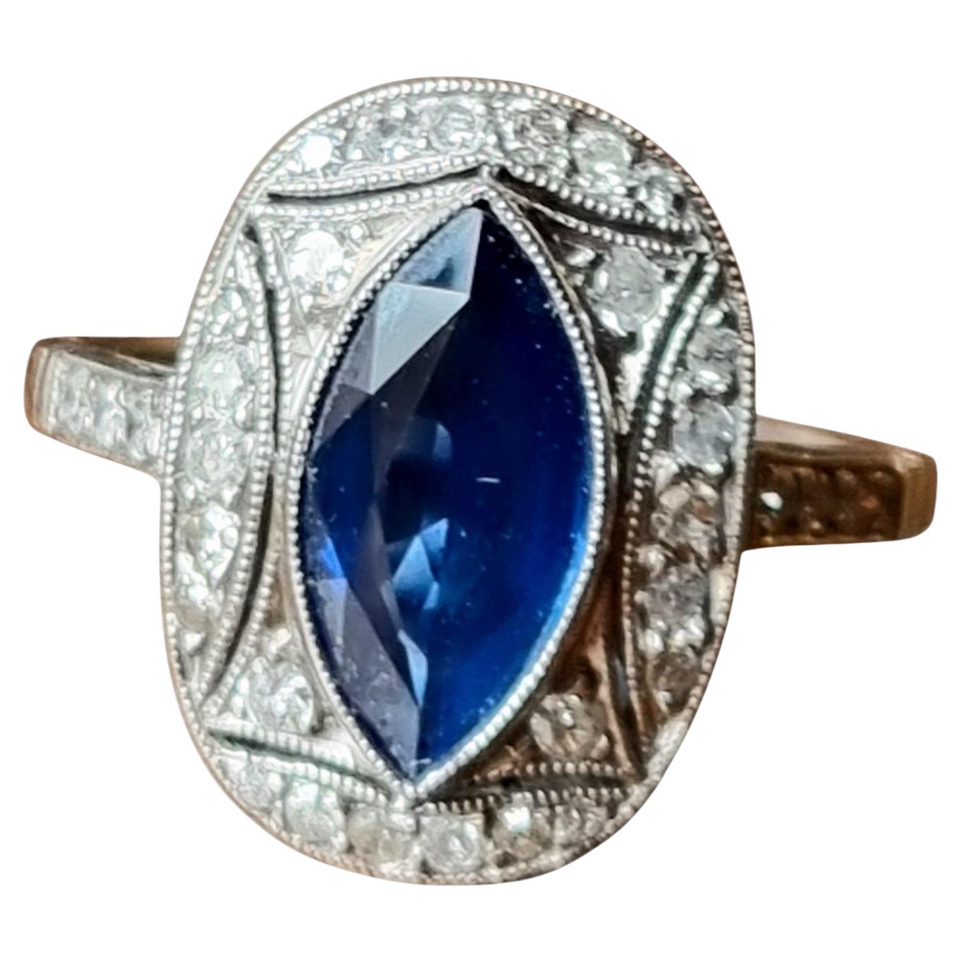 Art Deco Marquise Blue Sapphire and Diamond Ring  mounted in Platinum