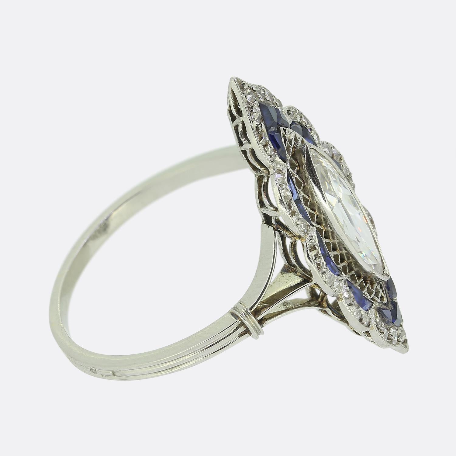 Art Deco Marquise Cut Diamond and Sapphire Navette Ring In Good Condition For Sale In London, GB