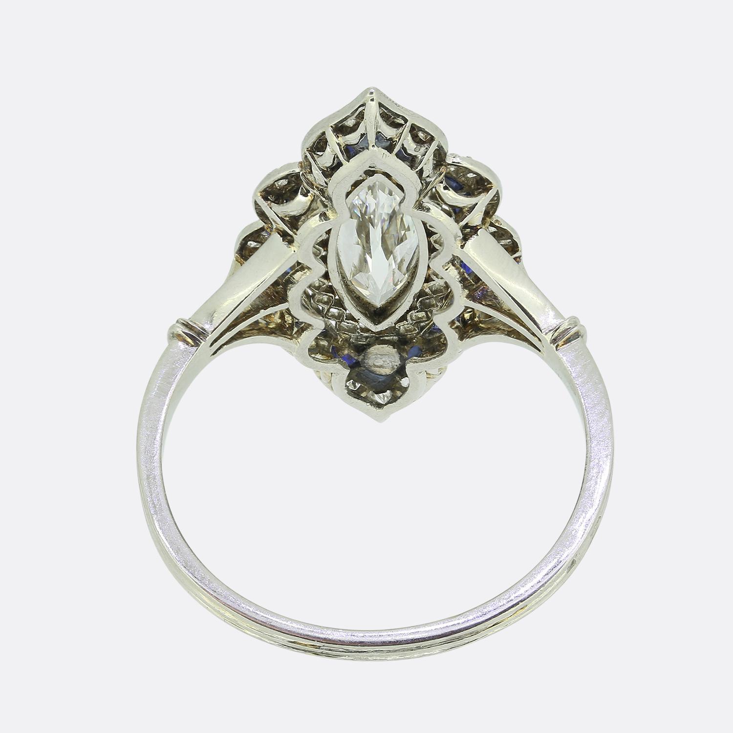 Women's or Men's Art Deco Marquise Cut Diamond and Sapphire Navette Ring For Sale