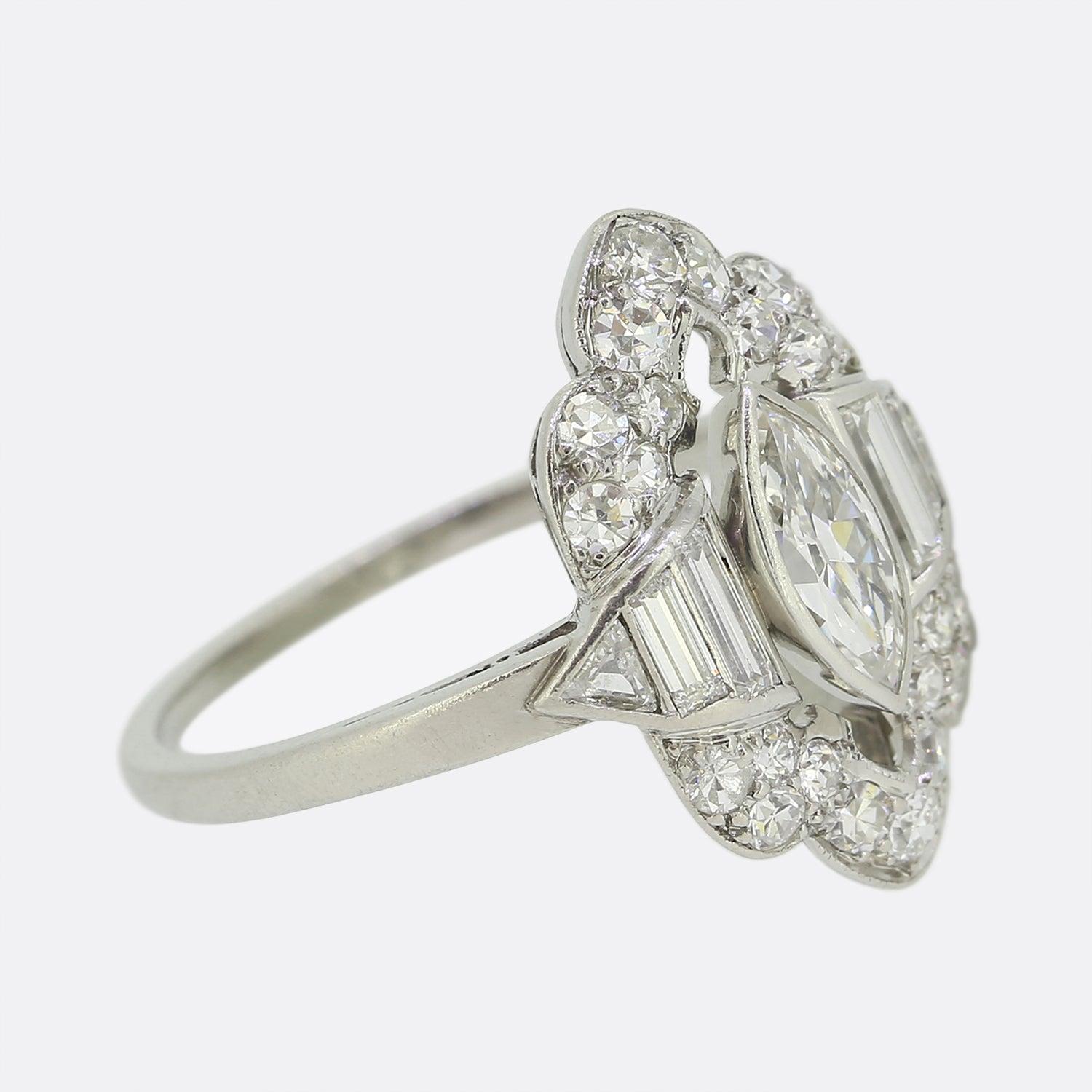 Art Deco Marquise Cut Diamond Engagement Ring In Good Condition In London, GB