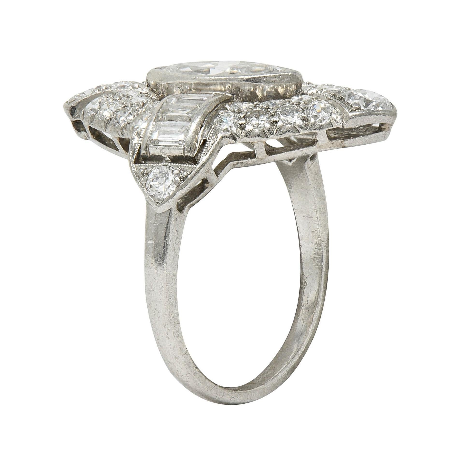 Art Deco Marquise Cut Diamond Platinum Navette Buckle Vintage Dinner Ring For Sale 6