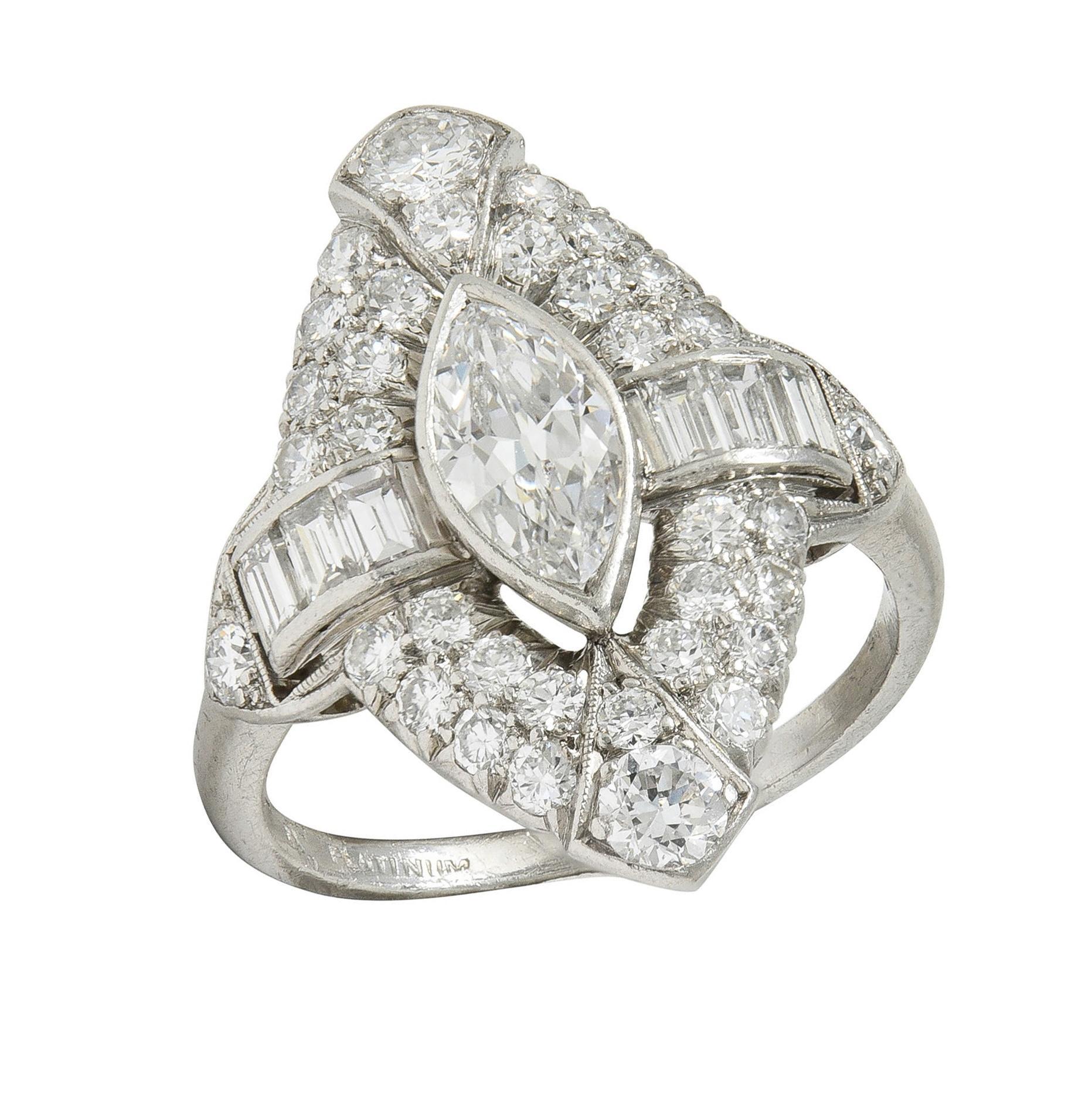 Art Deco Marquise Cut Diamond Platinum Navette Buckle Vintage Dinner Ring For Sale 7