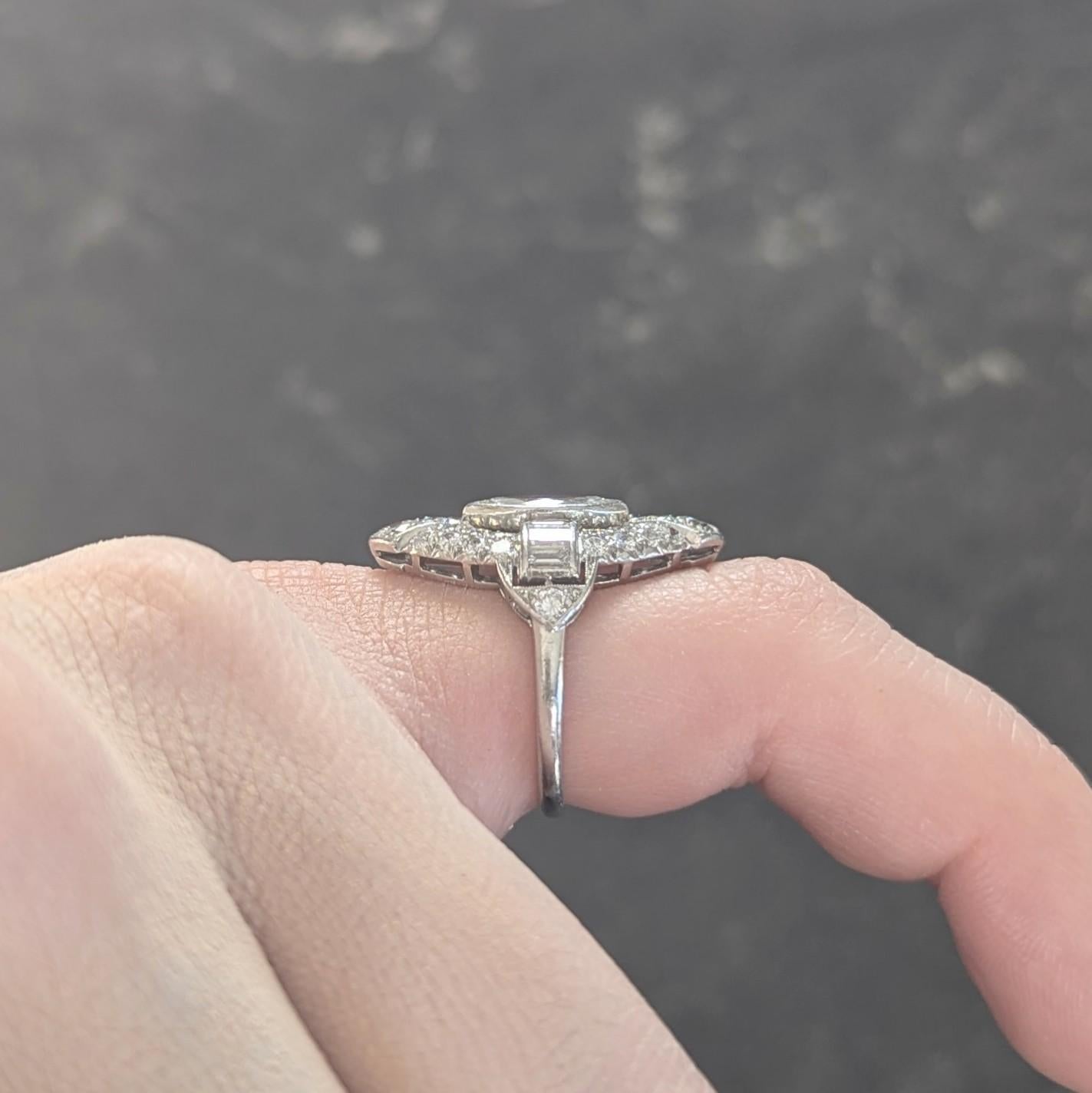Art Deco Marquise Cut Diamond Platinum Navette Buckle Vintage Dinner Ring For Sale 9