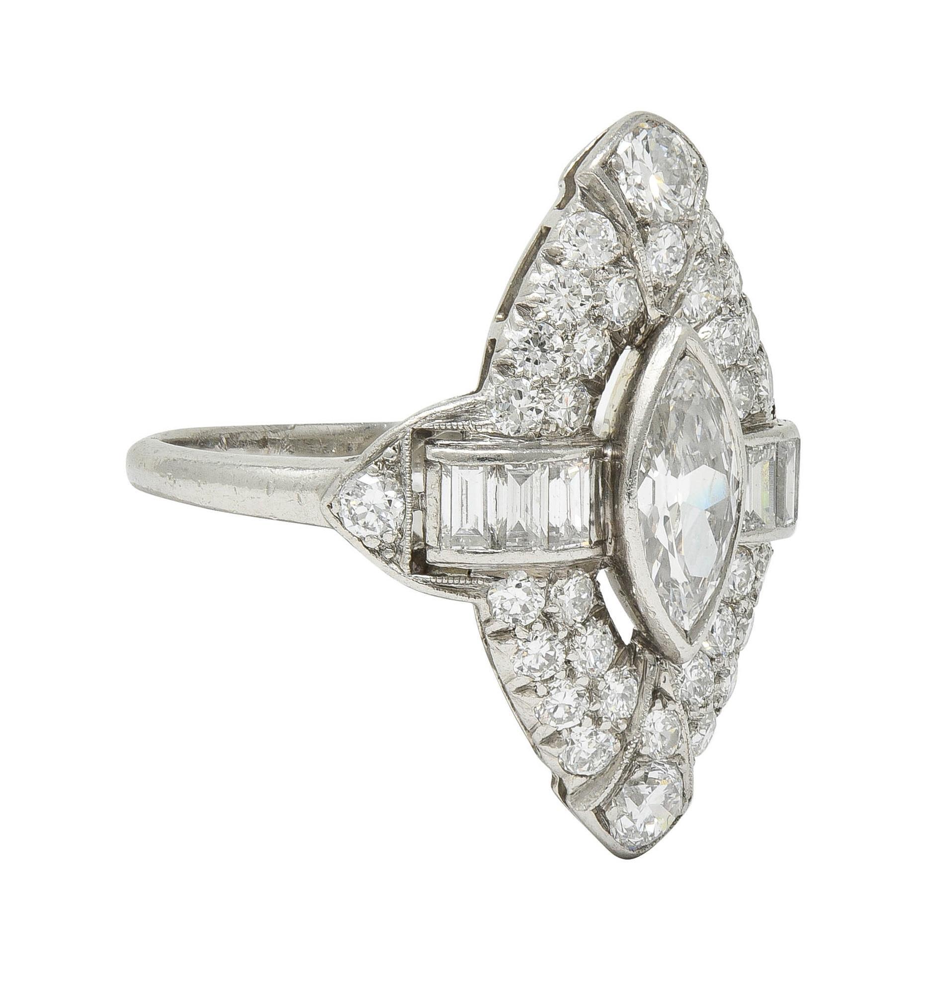 Art Deco Marquise Cut Diamond Platinum Navette Buckle Vintage Dinner Ring In Excellent Condition For Sale In Philadelphia, PA