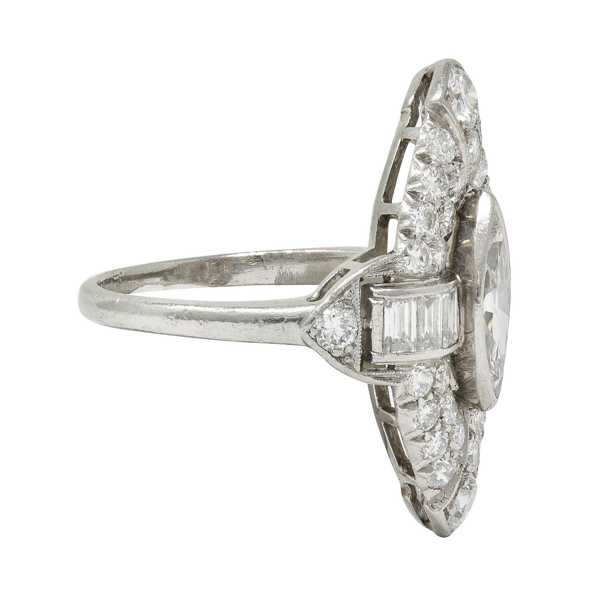 Women's or Men's Art Deco Marquise Cut Diamond Platinum Navette Buckle Vintage Dinner Ring For Sale