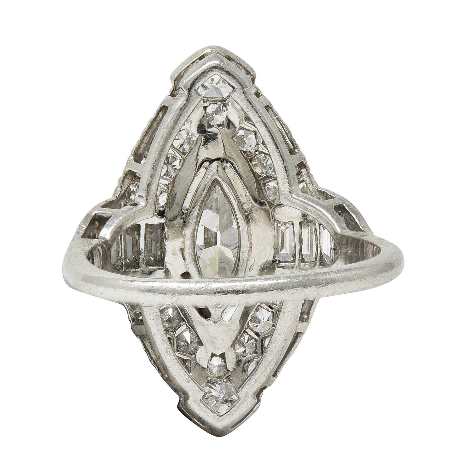 Art Deco Marquise Cut Diamond Platinum Navette Buckle Vintage Dinner Ring For Sale 1