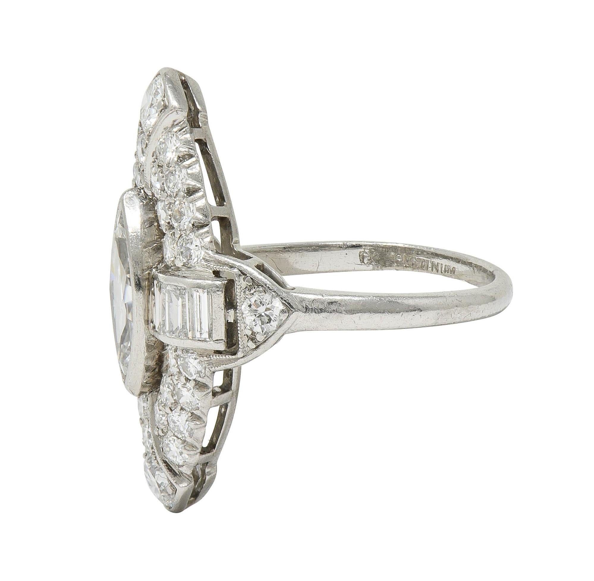 Art Deco Marquise Cut Diamond Platinum Navette Buckle Vintage Dinner Ring For Sale 2