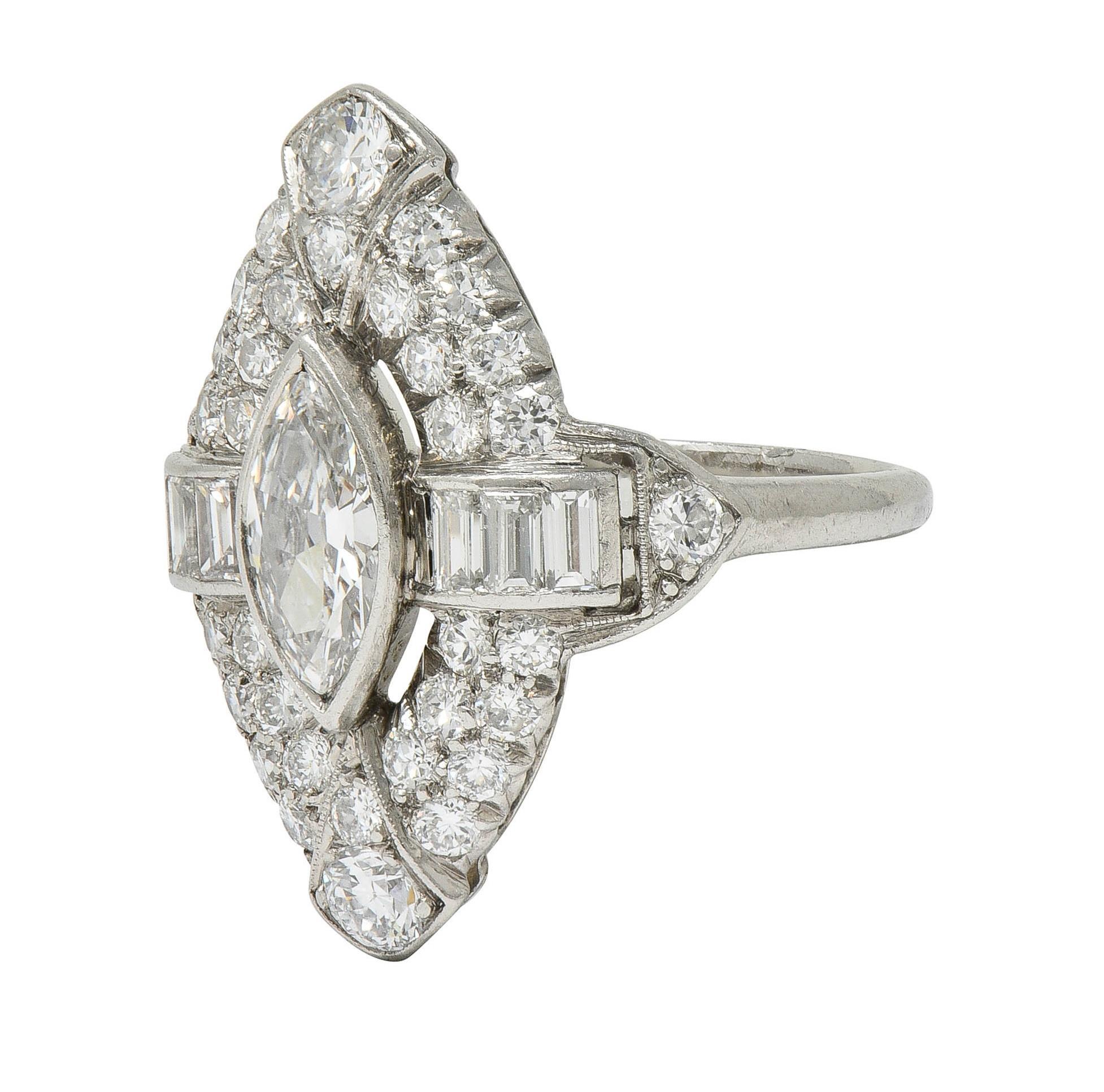 Art Deco Marquise Cut Diamond Platinum Navette Buckle Vintage Dinner Ring For Sale 3