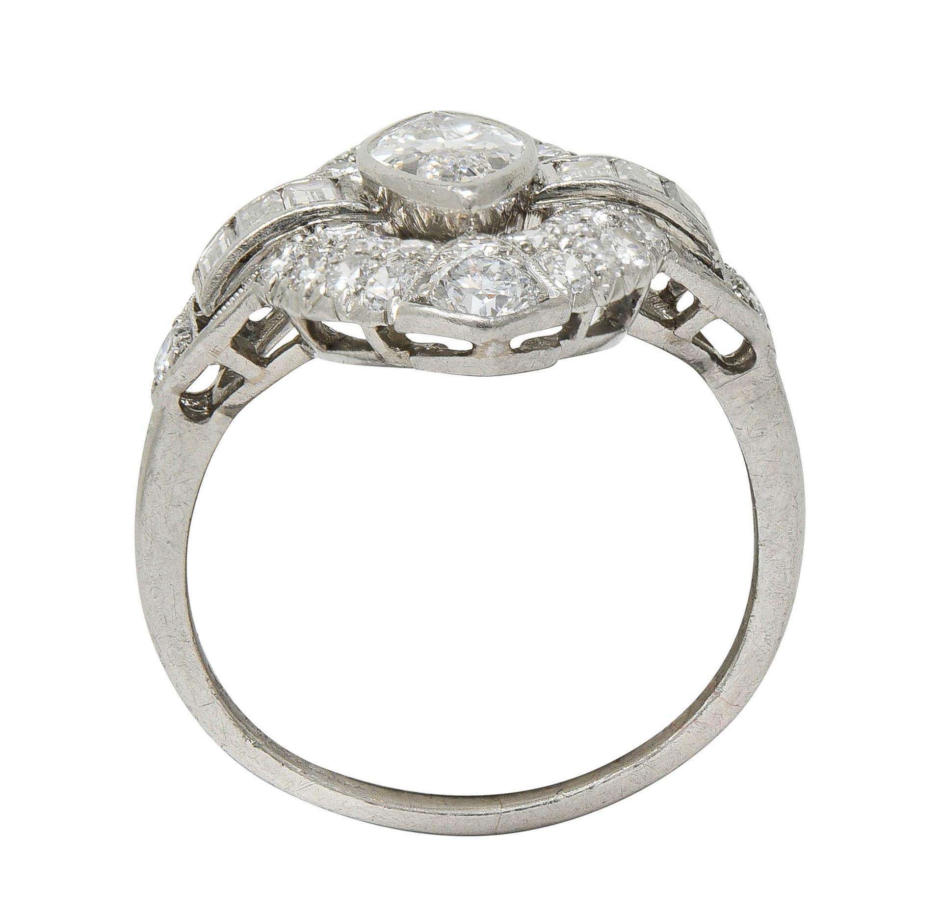 Art Deco Marquise Cut Diamond Platinum Navette Buckle Vintage Dinner Ring For Sale 5