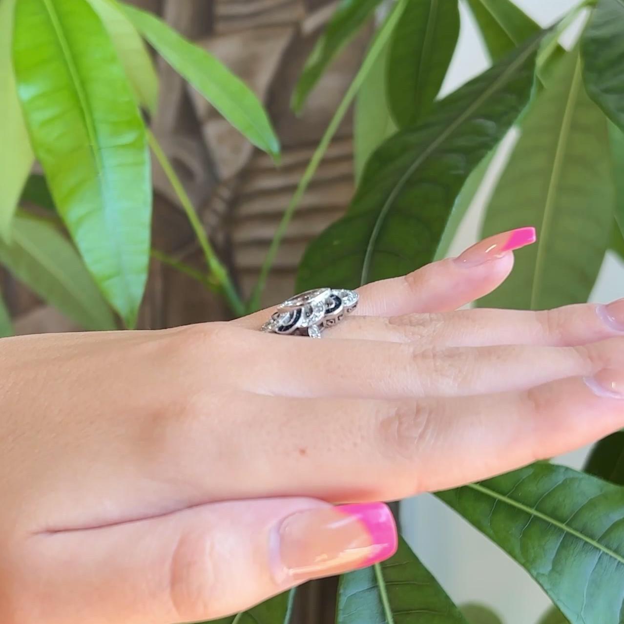 Women's or Men's Art Deco Inspired 0.72 Carat Marquise Cut Diamond Sapphire Platinum Ring For Sale