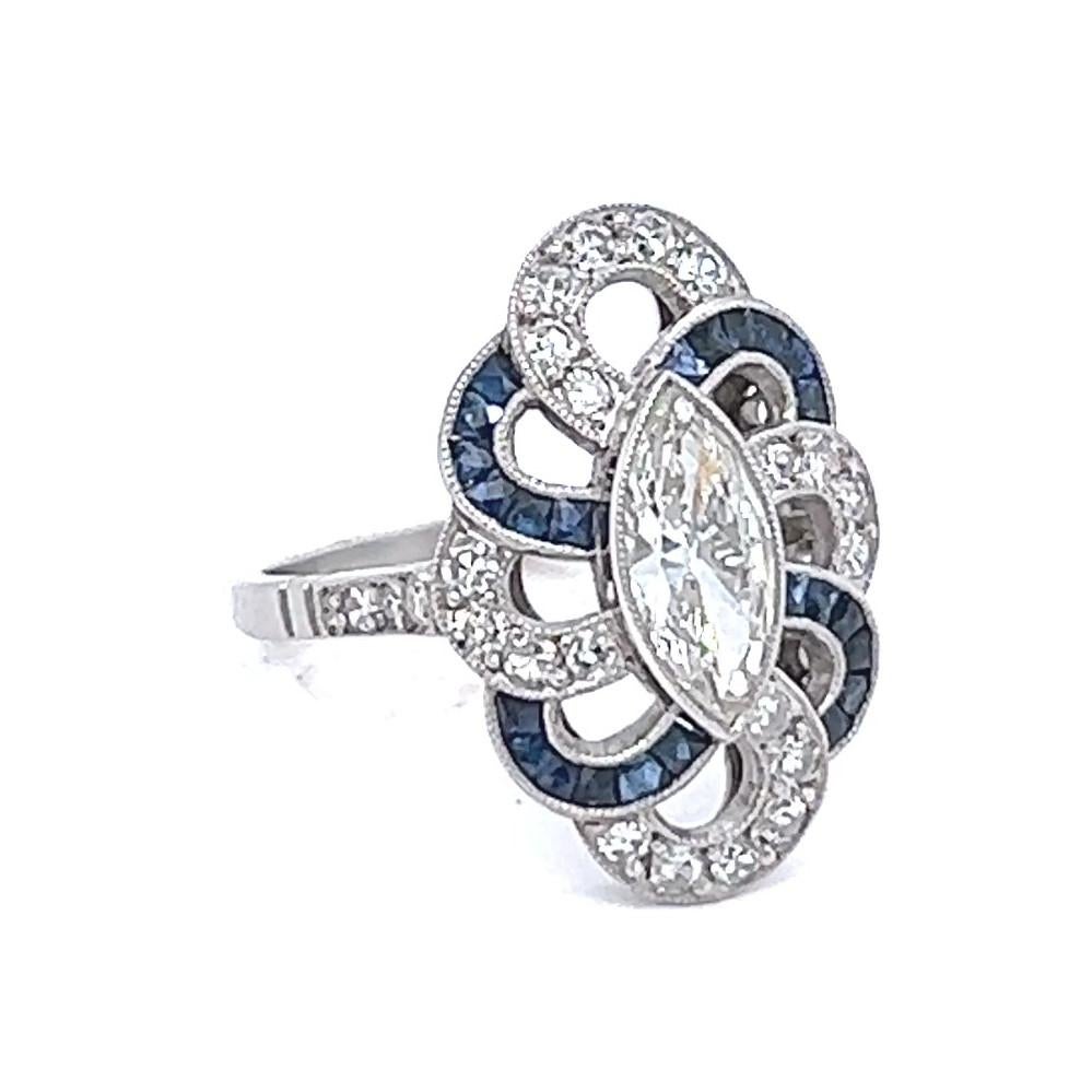 Art Deco Inspired 0.72 Carat Marquise Cut Diamond Sapphire Platinum Ring For Sale 1