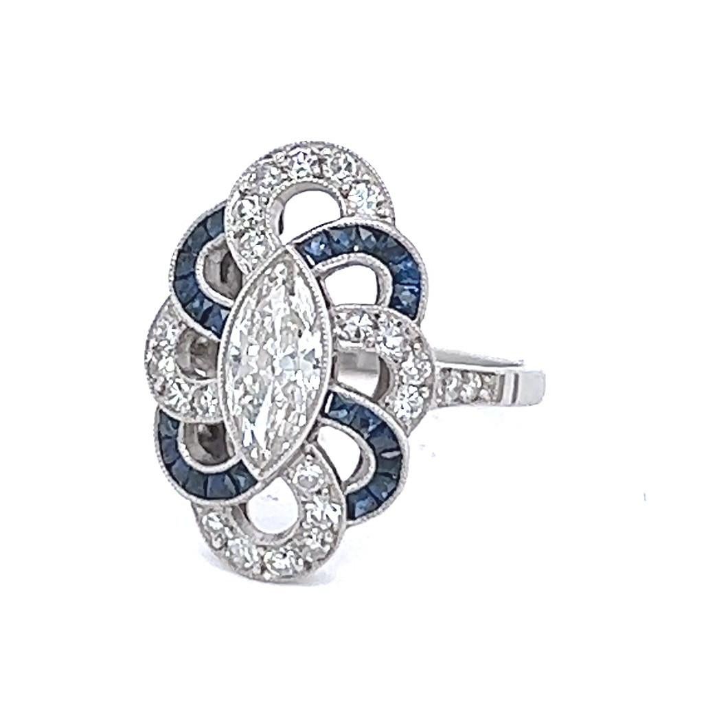 Art Deco Inspired 0.72 Carat Marquise Cut Diamond Sapphire Platinum Ring For Sale 2