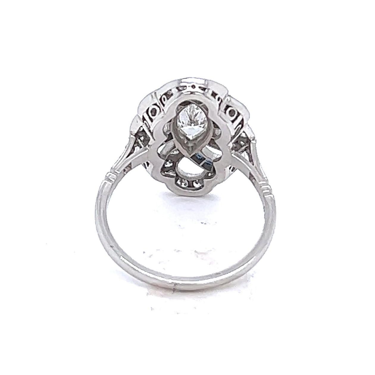 Art Deco Inspired 0.72 Carat Marquise Cut Diamond Sapphire Platinum Ring For Sale 3