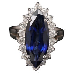 Art Deco Marquise Cut Sapphire Engagement Ring Sapphire Diamond Bridal Gold Ring
