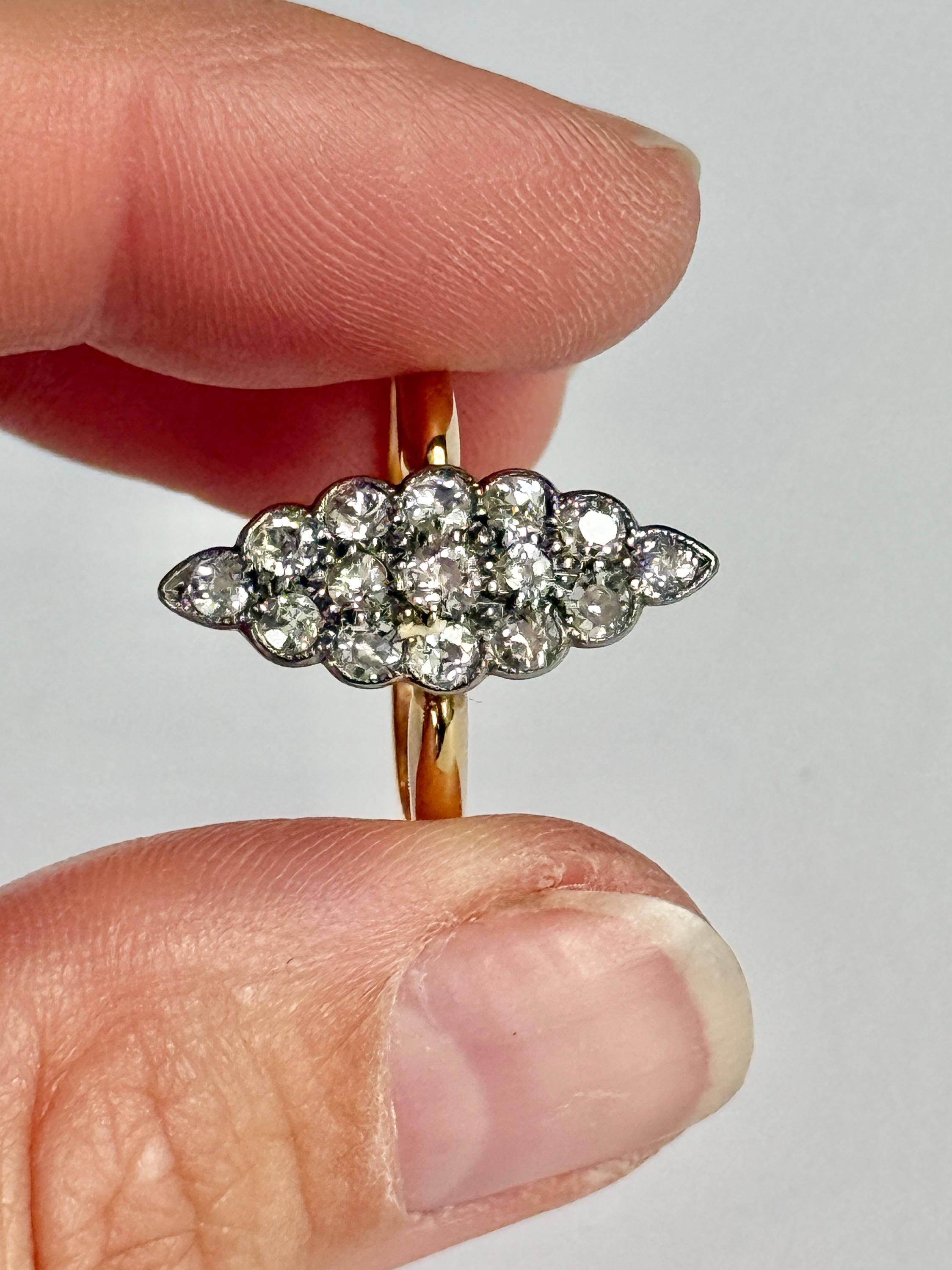 This absolute stunner holds approximately 75pts in total of shimmering Old mine cut Diamonds! They have a wonderful sparkle. Stamped 18ct.

Ring Size: O or 7 1/4
Dimensions: 20x8mm
Height Off Finger: 4mm

Weight: 3g
