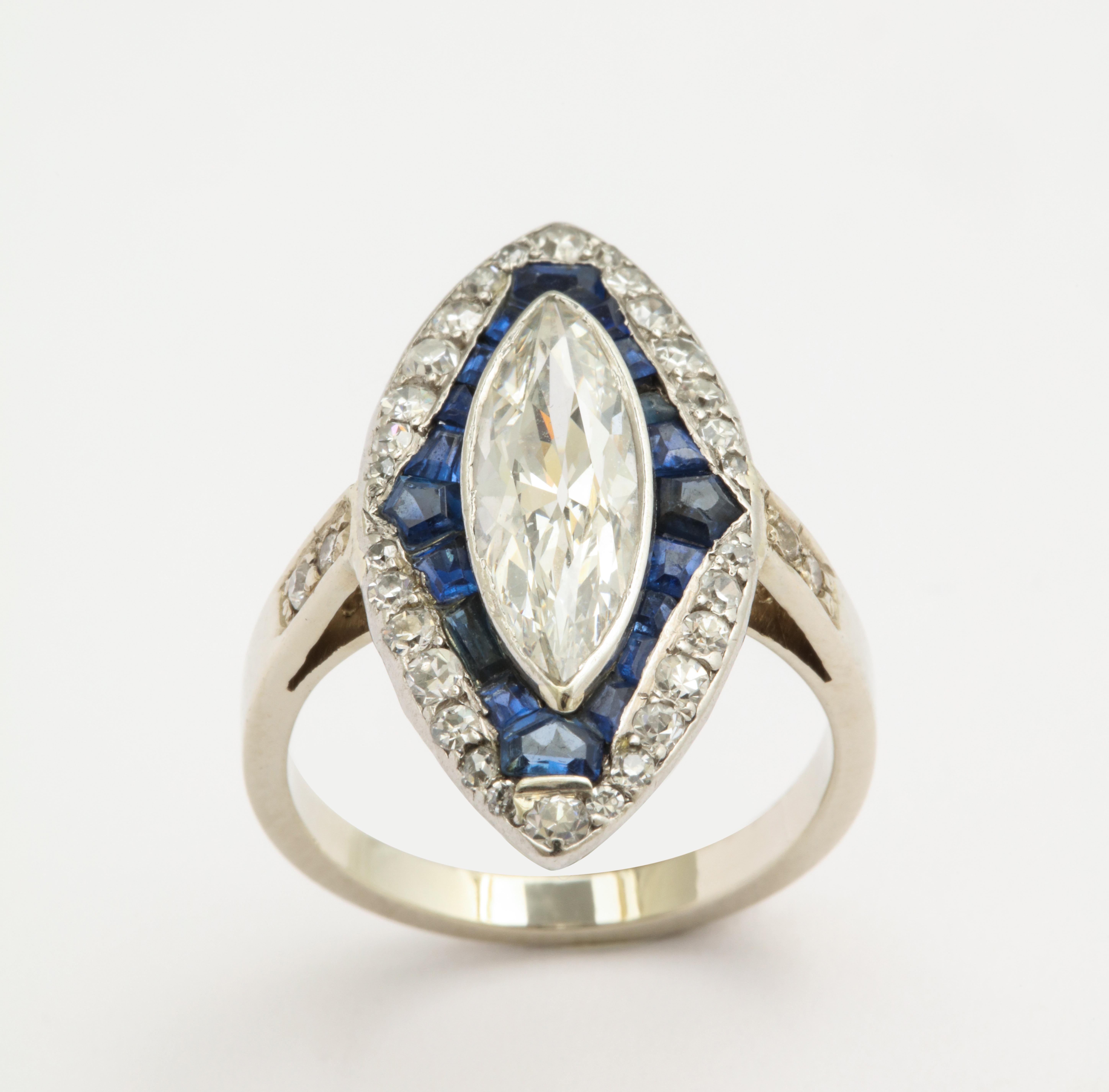 Art Deco Marquise Diamond and Sapphire Dinner Ring In Good Condition In New York, NY