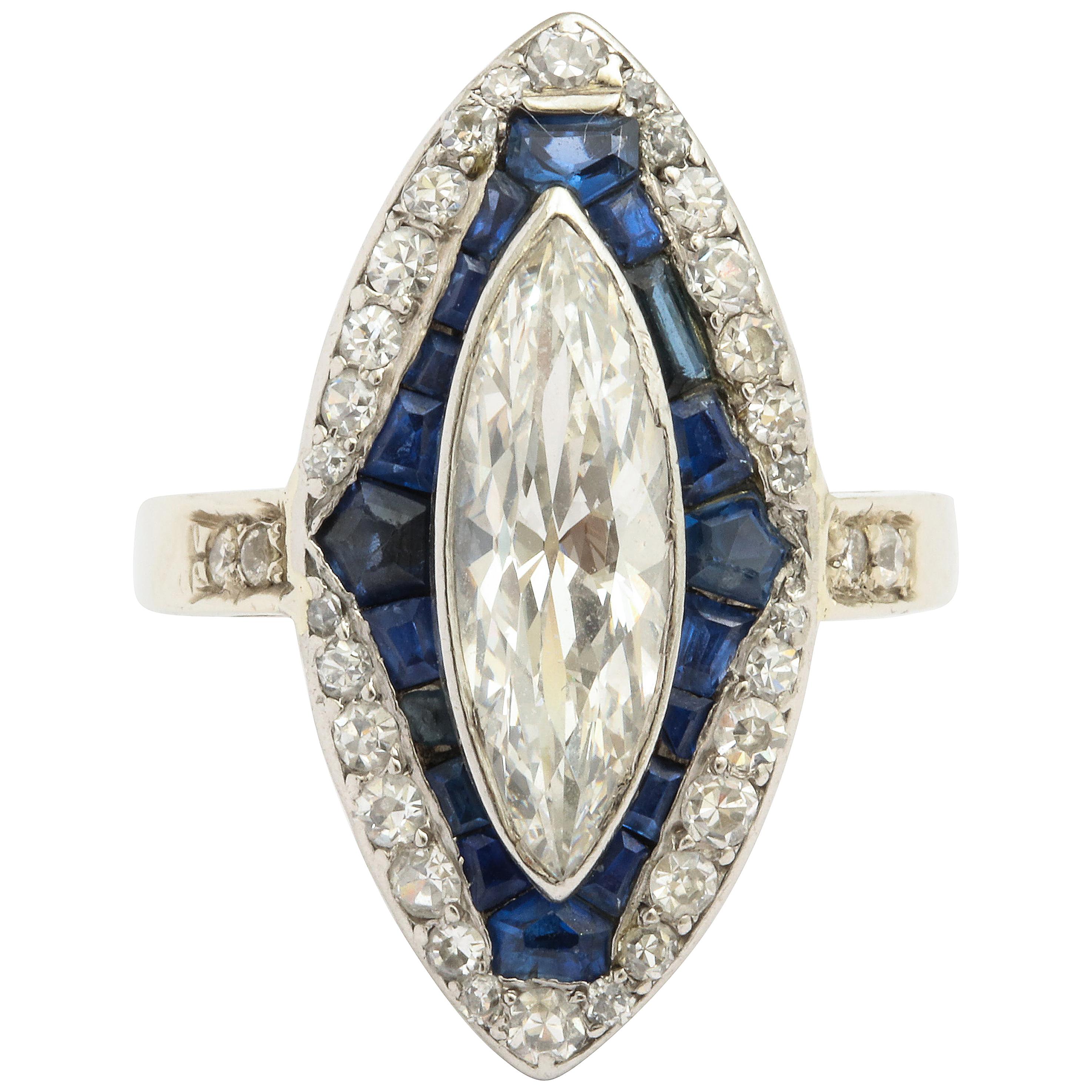 Art Deco Marquise Diamond and Sapphire Dinner Ring