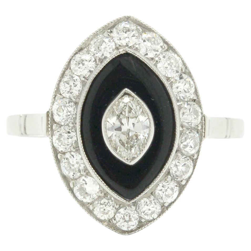 Art Deco Marquise Diamond Black Onyx Engagement Ring Evil Eye Platinum Halo