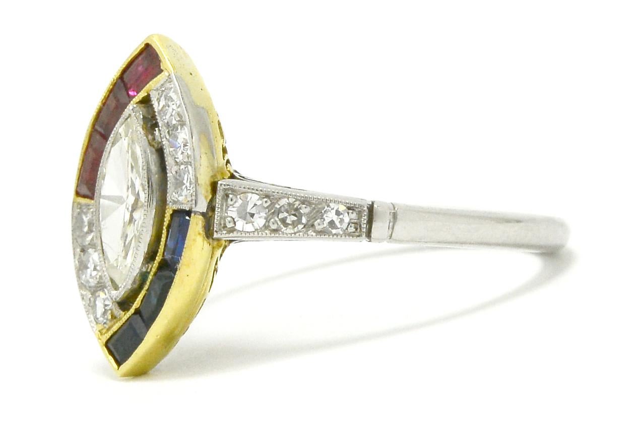 Marquise Cut Art Deco Marquise Diamond Ruby Sapphire Engagement Ring Asymmetrical Halo 2-Tone