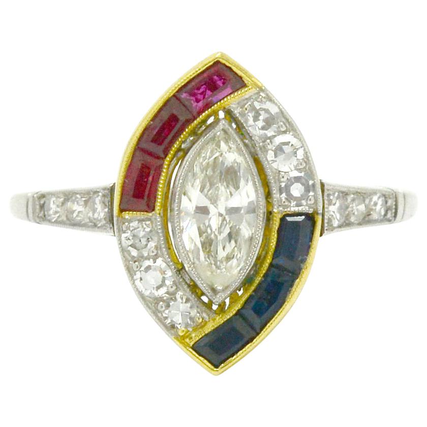 Art Deco Marquise Diamond Ruby Sapphire Engagement Ring Asymmetrical Halo 2-Tone
