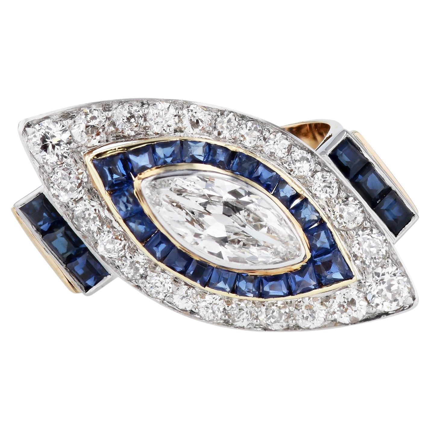 Art Deco Marquise Diamond Sapphire Estate Ring For Sale