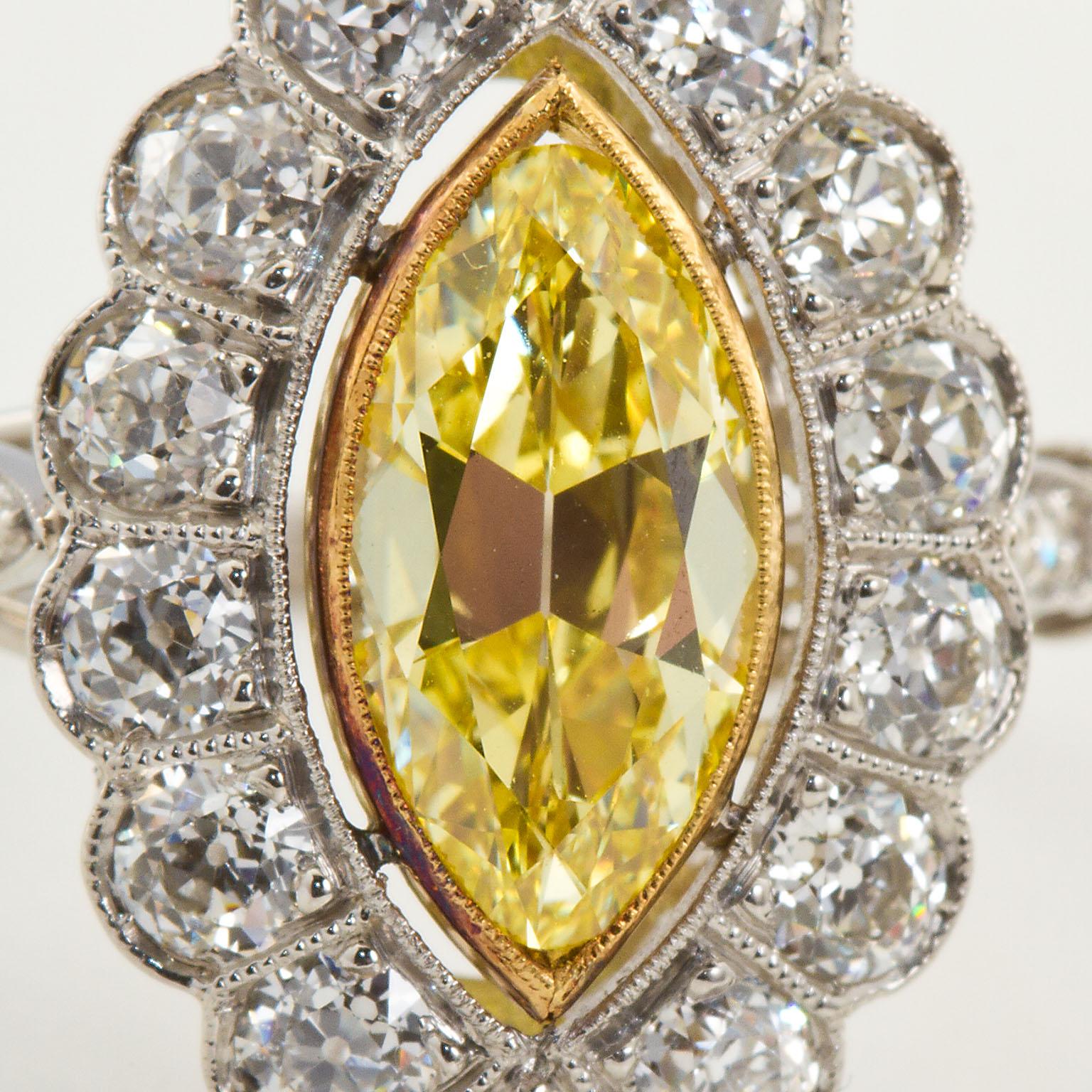 Art Deco Marquise Fancy Intense Yellow Internally Flawless Diamond Cluster Ring In Excellent Condition In Lakewood, NJ