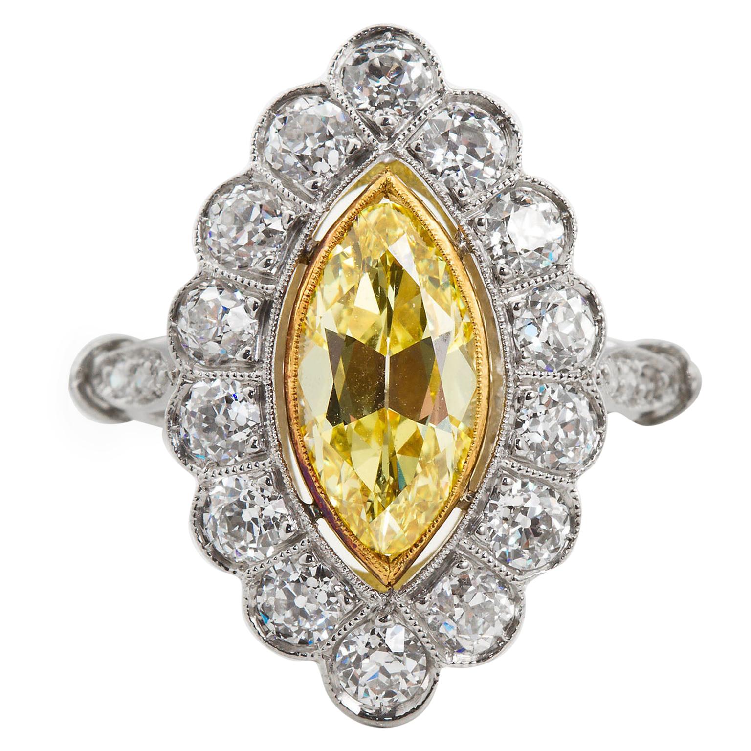 Art Deco Marquise Fancy Intense Yellow Internally Flawless Diamond Cluster Ring