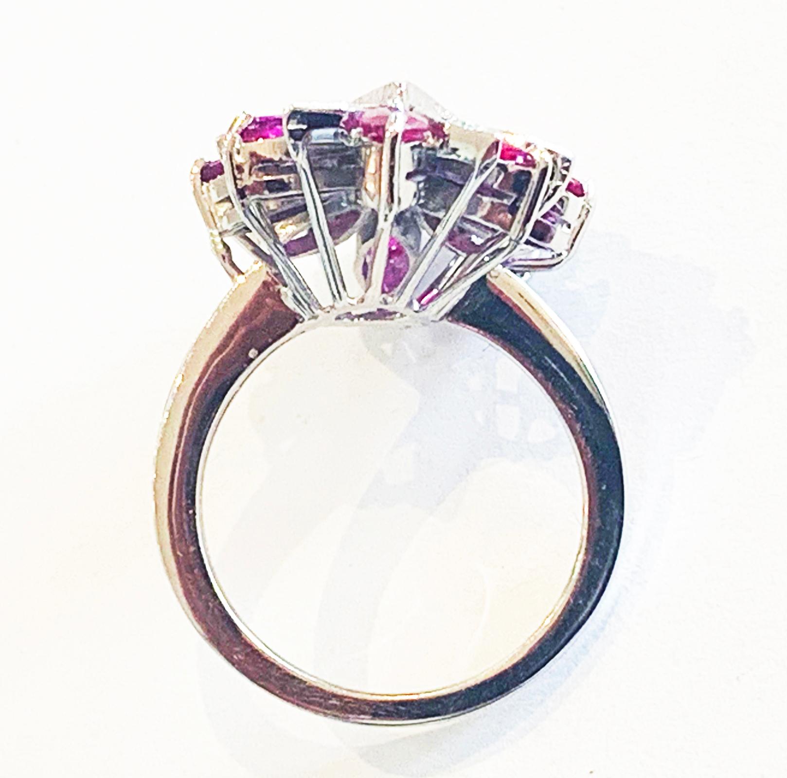 Women's Art Deco Marquise Ruby and Diamond Palladium and white gold ring For Sale