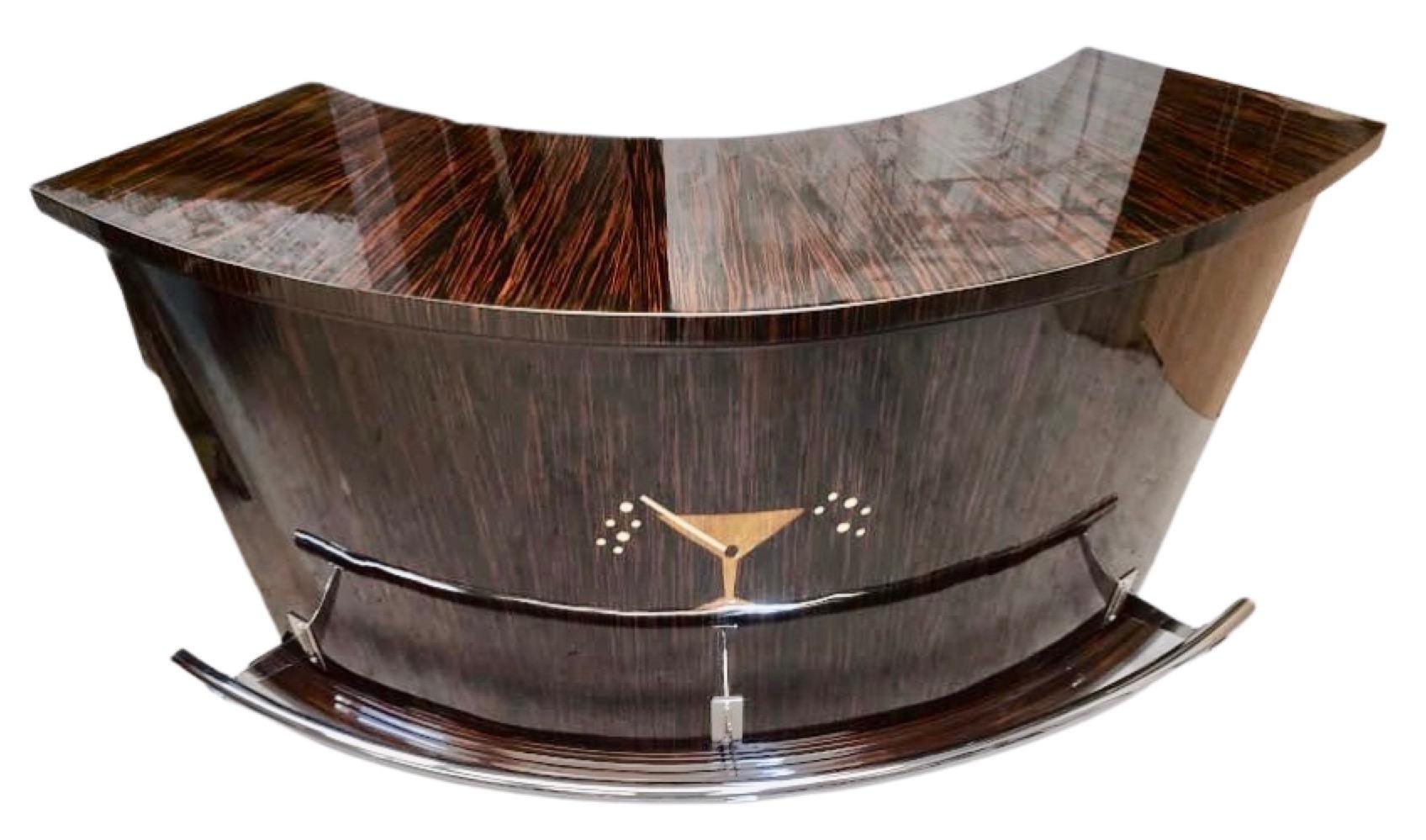 Chrome Art Deco Martini Bar Custom Macassar Wood Cabinet For Sale