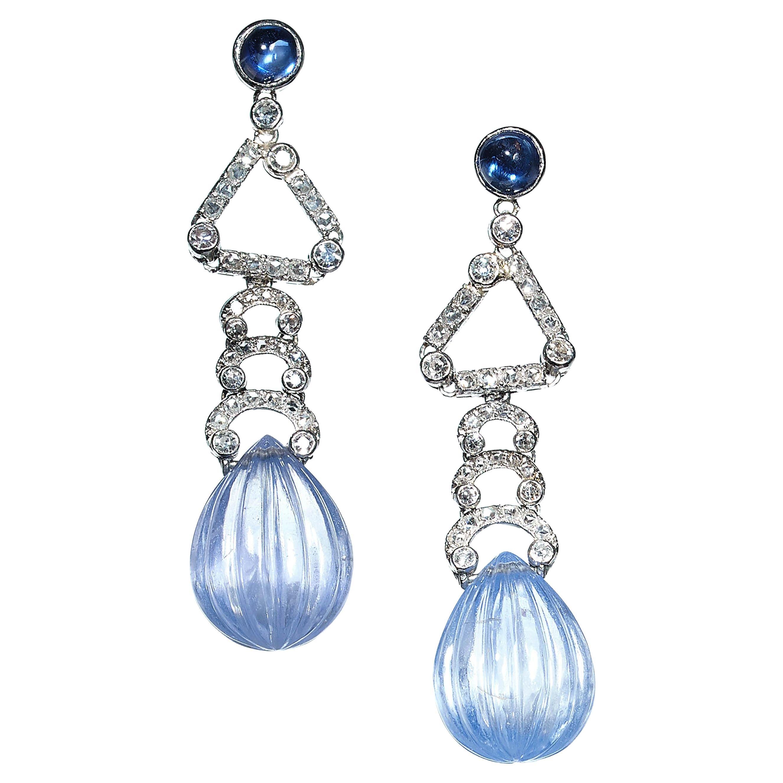 Art Deco Marzo Sapphire And Diamond Drop Earrings, Circa 1930 For Sale