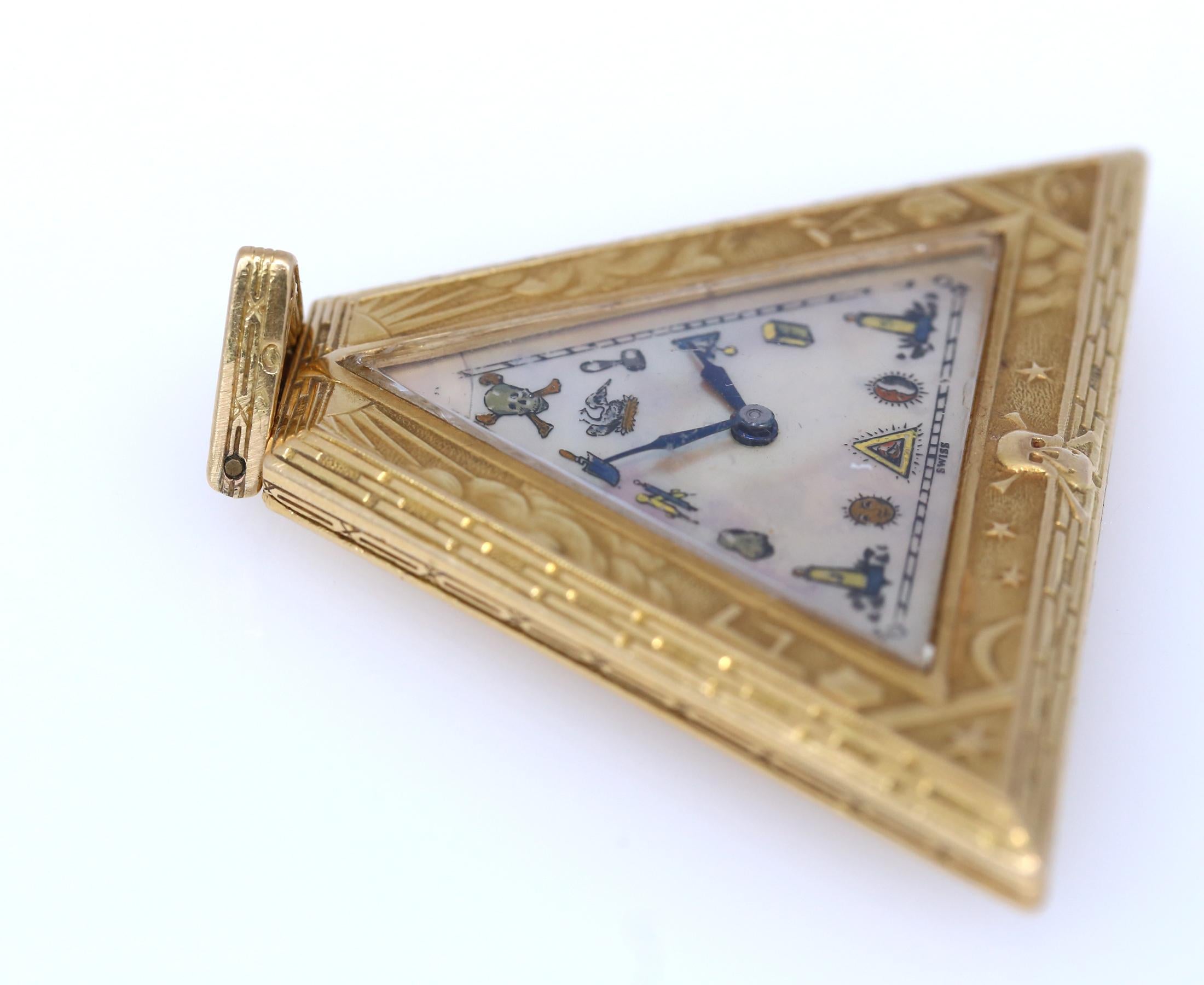 Women's or Men's Art Deco Masoniс Triangle Pyramid Gold Watch Levrette Swiss, 1920 For Sale