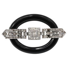 Art Deco Massive Platinum Gold Brooch with Onyx and Diamonds, 1910