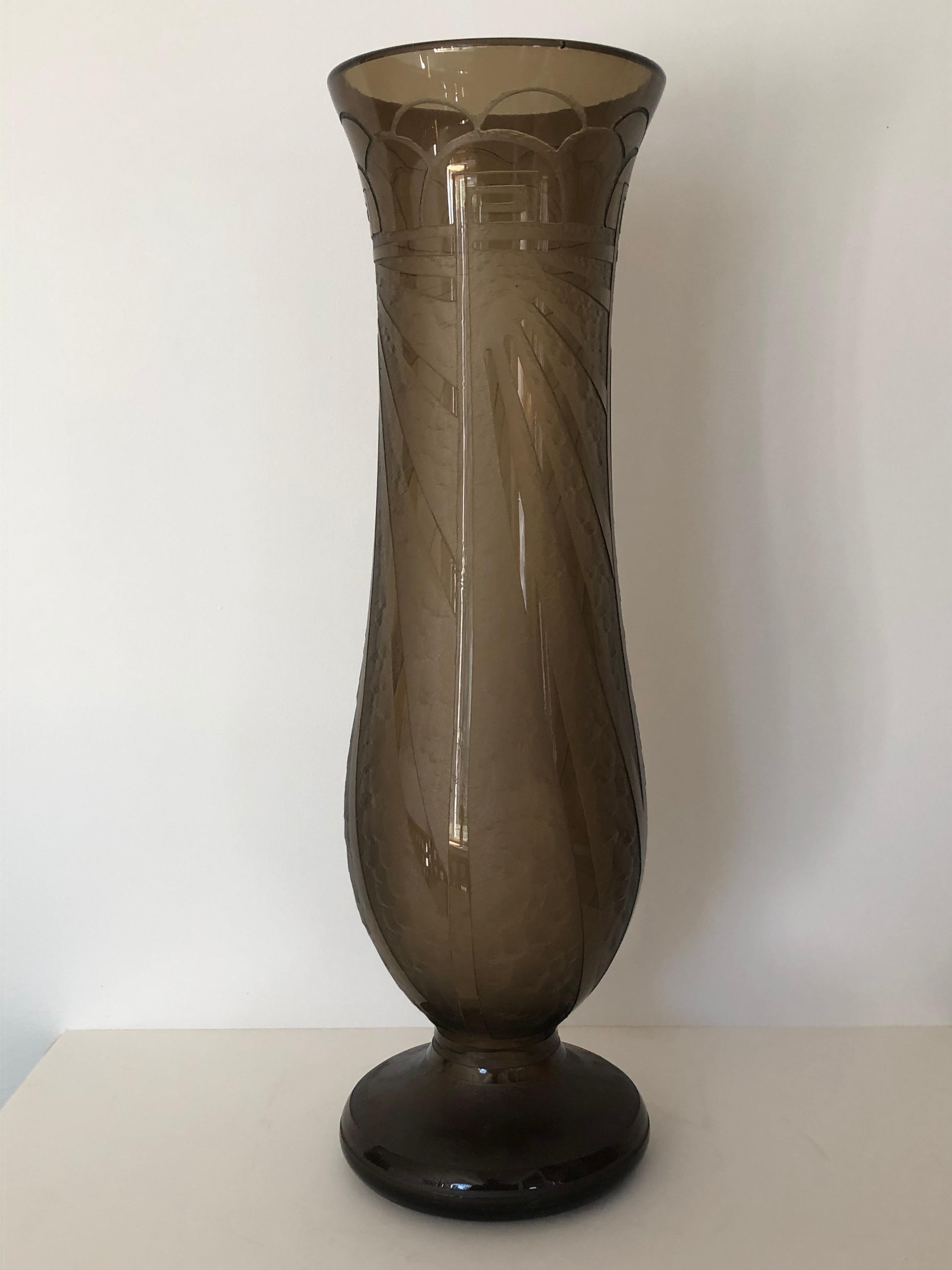 Art Deco massive tall Schneider signed made in France Acid etched, wheel cut engraved topaz colored geometric design vase, stamped to bottom retailer and original paper label.