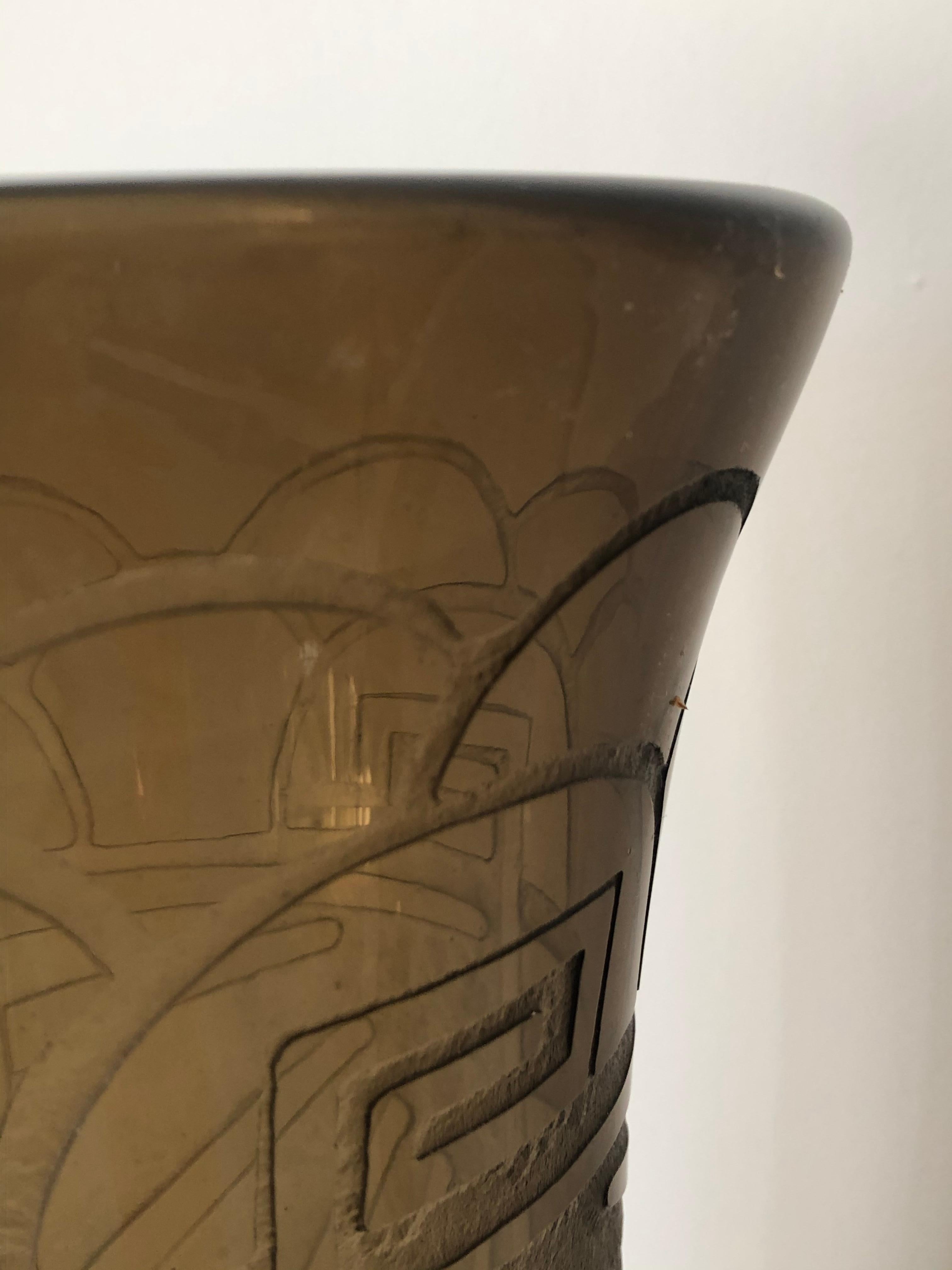 Art Deco Massive Tall Schneider Wheel Cut Engraved Acid Etched Vase In Excellent Condition For Sale In Westport, CT