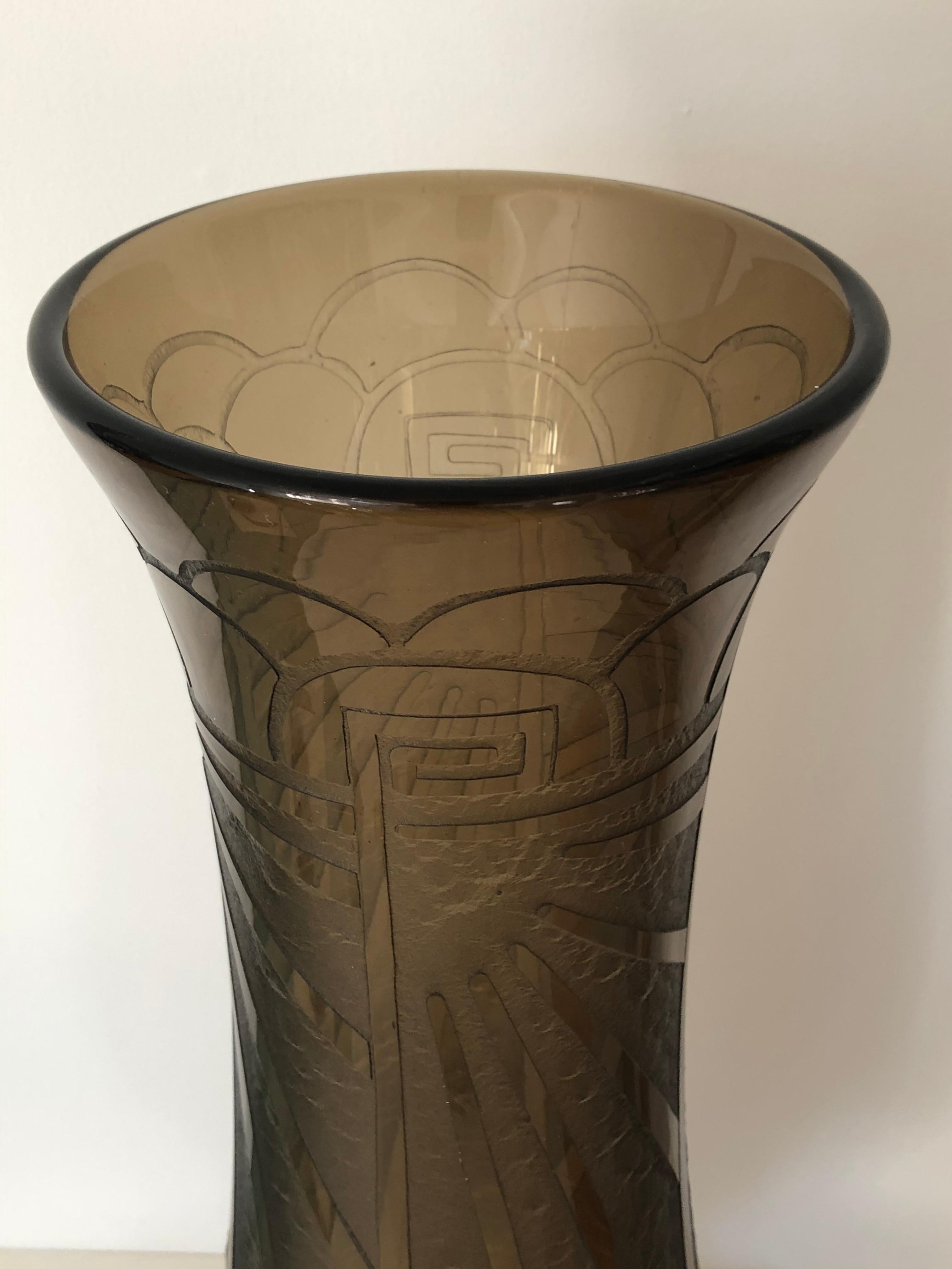 Art Deco Massive Tall Schneider Wheel Cut Engraved Acid Etched Vase In Excellent Condition For Sale In Westport, CT