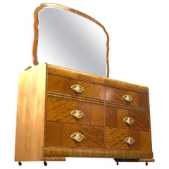 Art Deco Matchbook Veneer Dresser & Mirror with Zebra Wood Accents