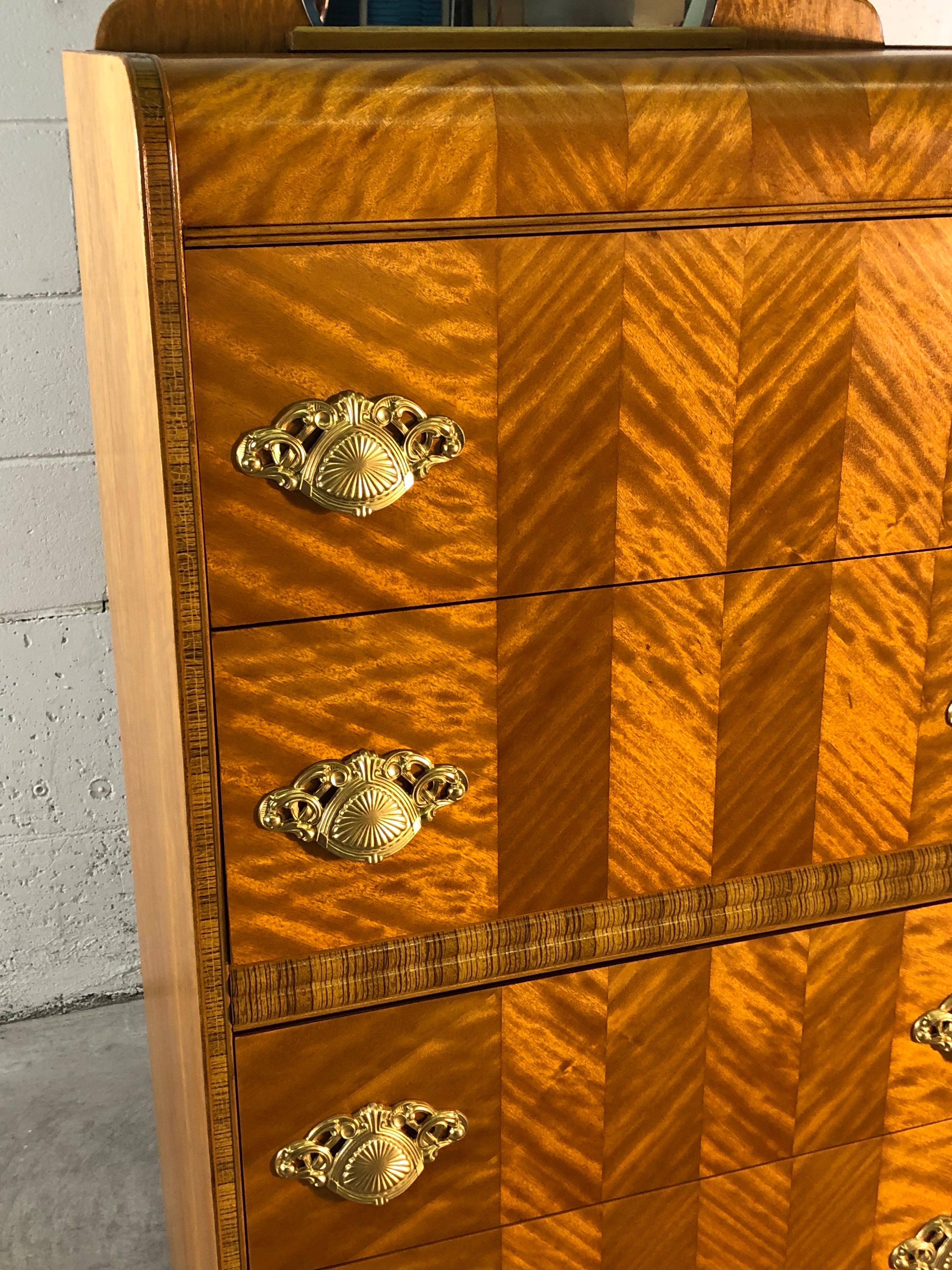 Art Deco Matchbook Veneer Dresser with Zebra Wood Accents In Good Condition For Sale In Amherst, NH