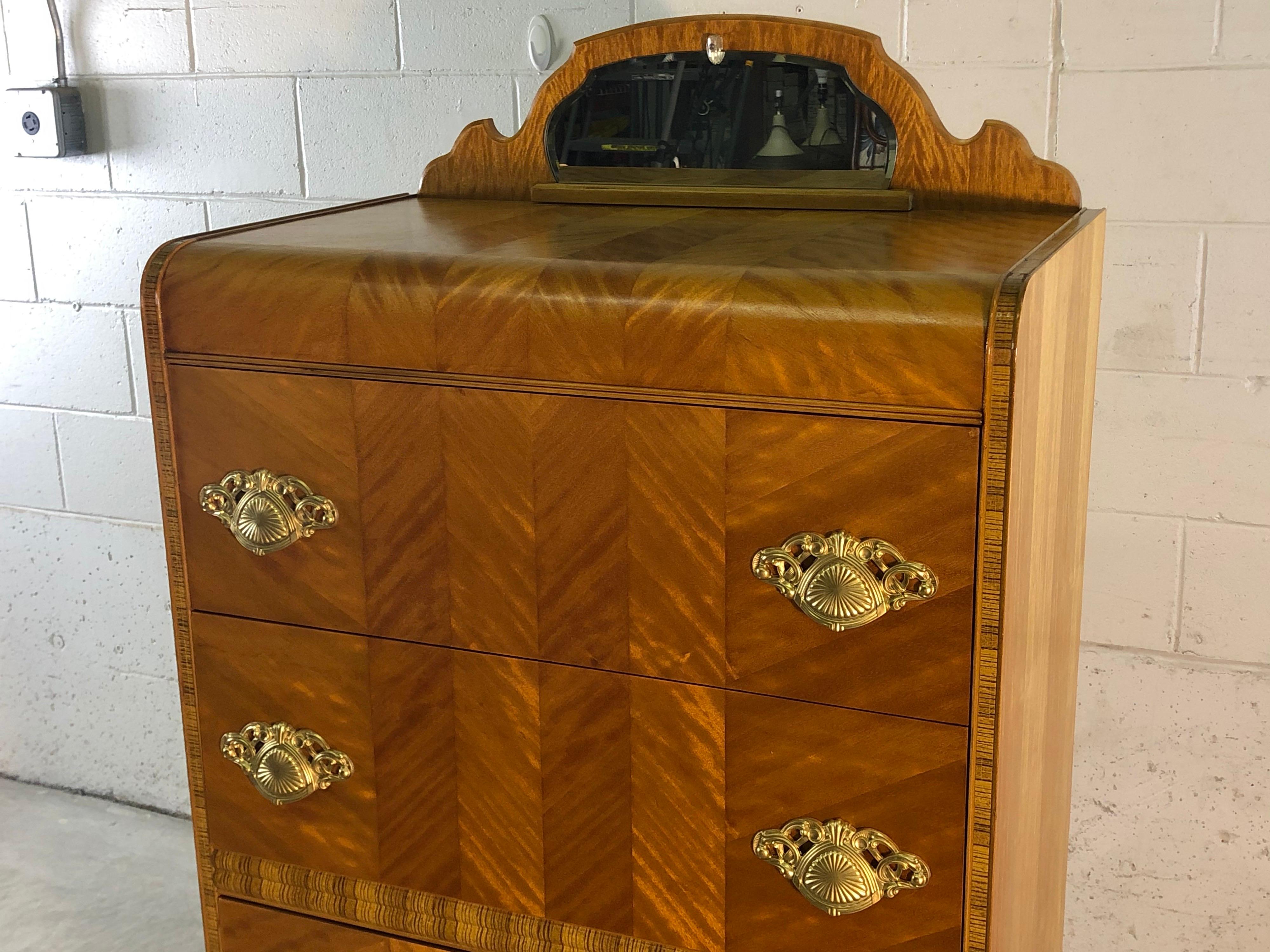 20th Century Art Deco Matchbook Veneer Dresser with Zebra Wood Accents For Sale