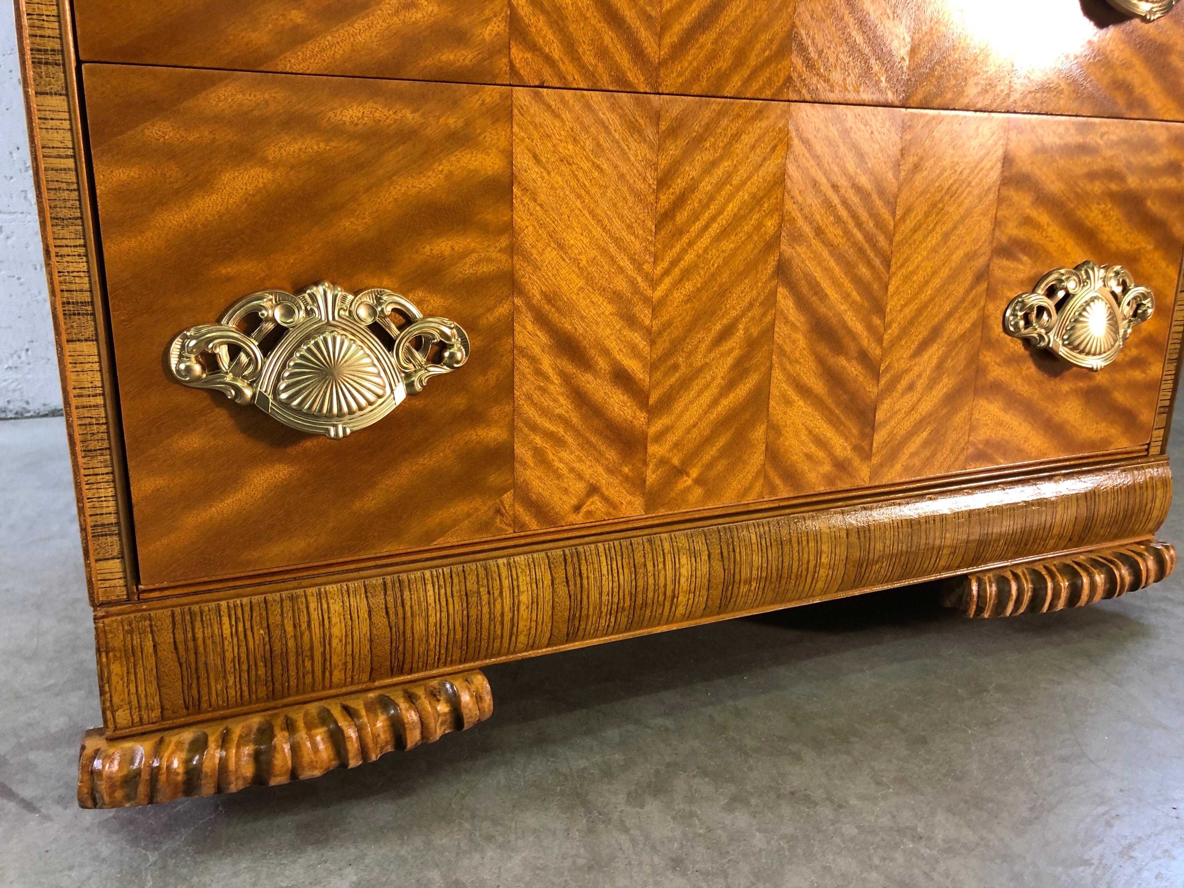 Art Deco Matchbook Veneer Dresser with Zebra Wood Accents For Sale 1