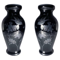 Paar Art-Déco-Vasen/Lampen aus tschechischem Glas mit silbernen Vögeln, Art déco