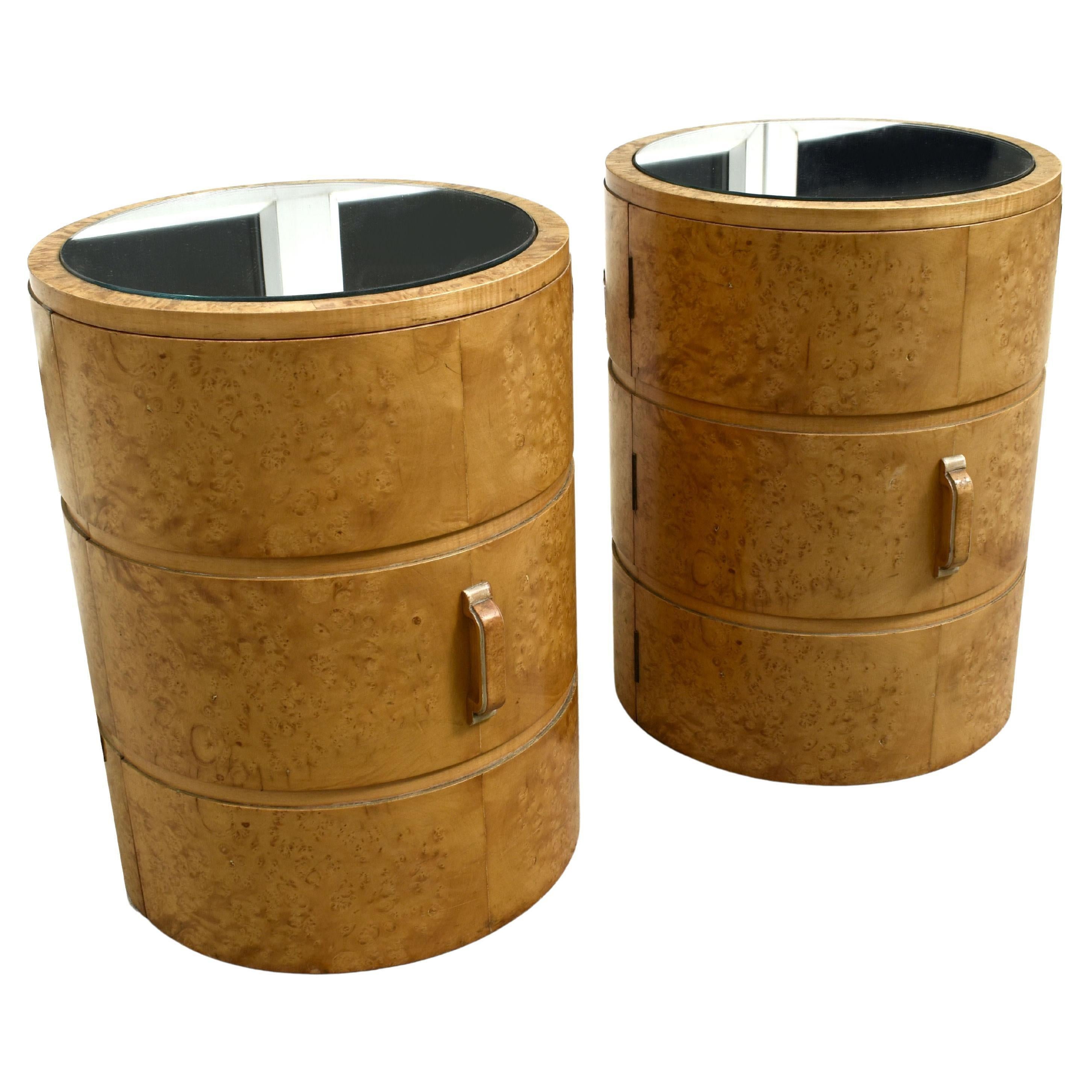 For your consideration are these high end fabulous matching pair of Art Deco circular bedside cabinet tables, dating to the 1930s. For those less well versed in Art Deco could be forgiven in thinking these cabinets were modern such is the styling