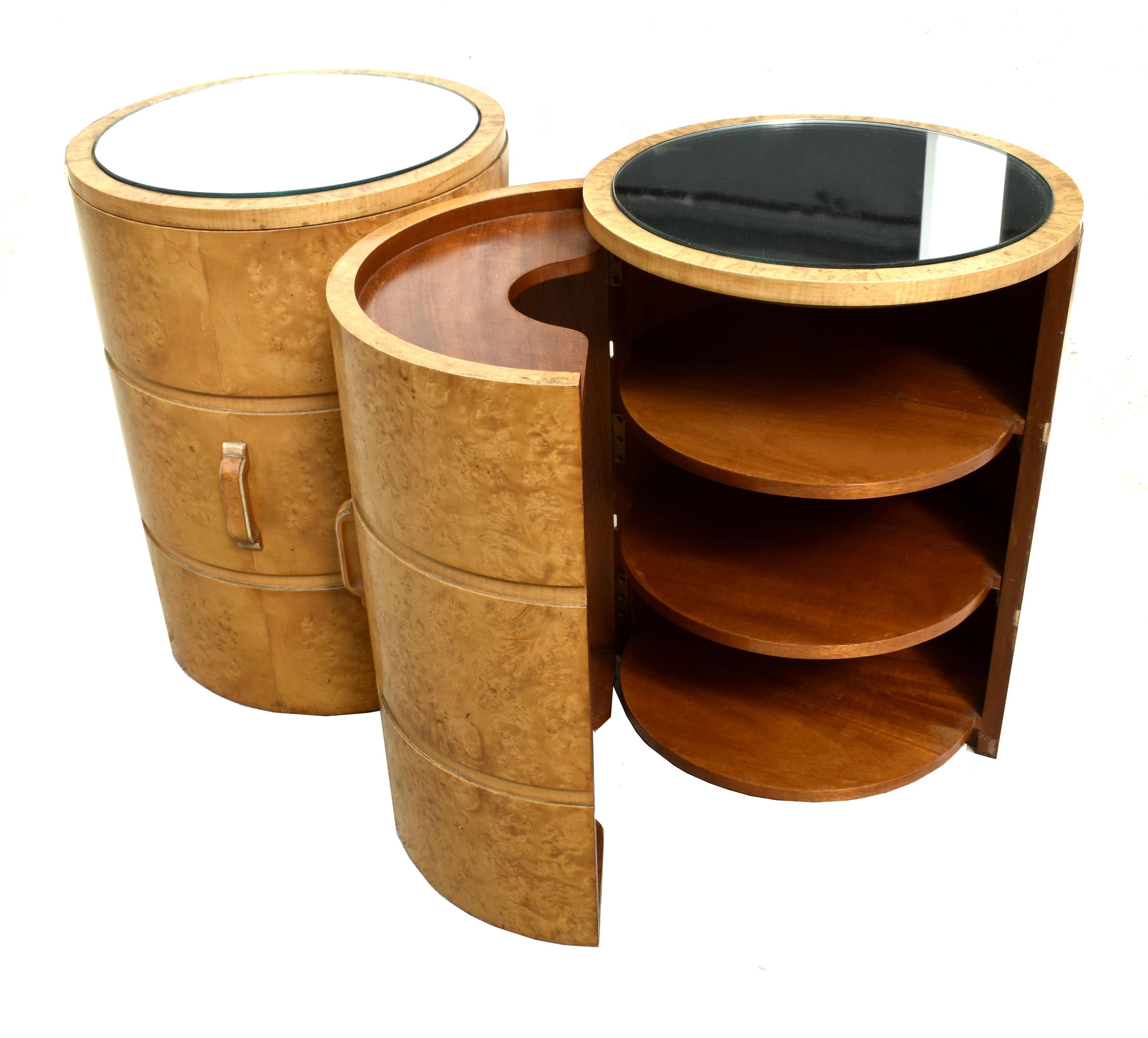 Art Deco Matching Blonde Pair of Circular Drum Shaped Bedside Cabinets, c1930 In Good Condition In Devon, England