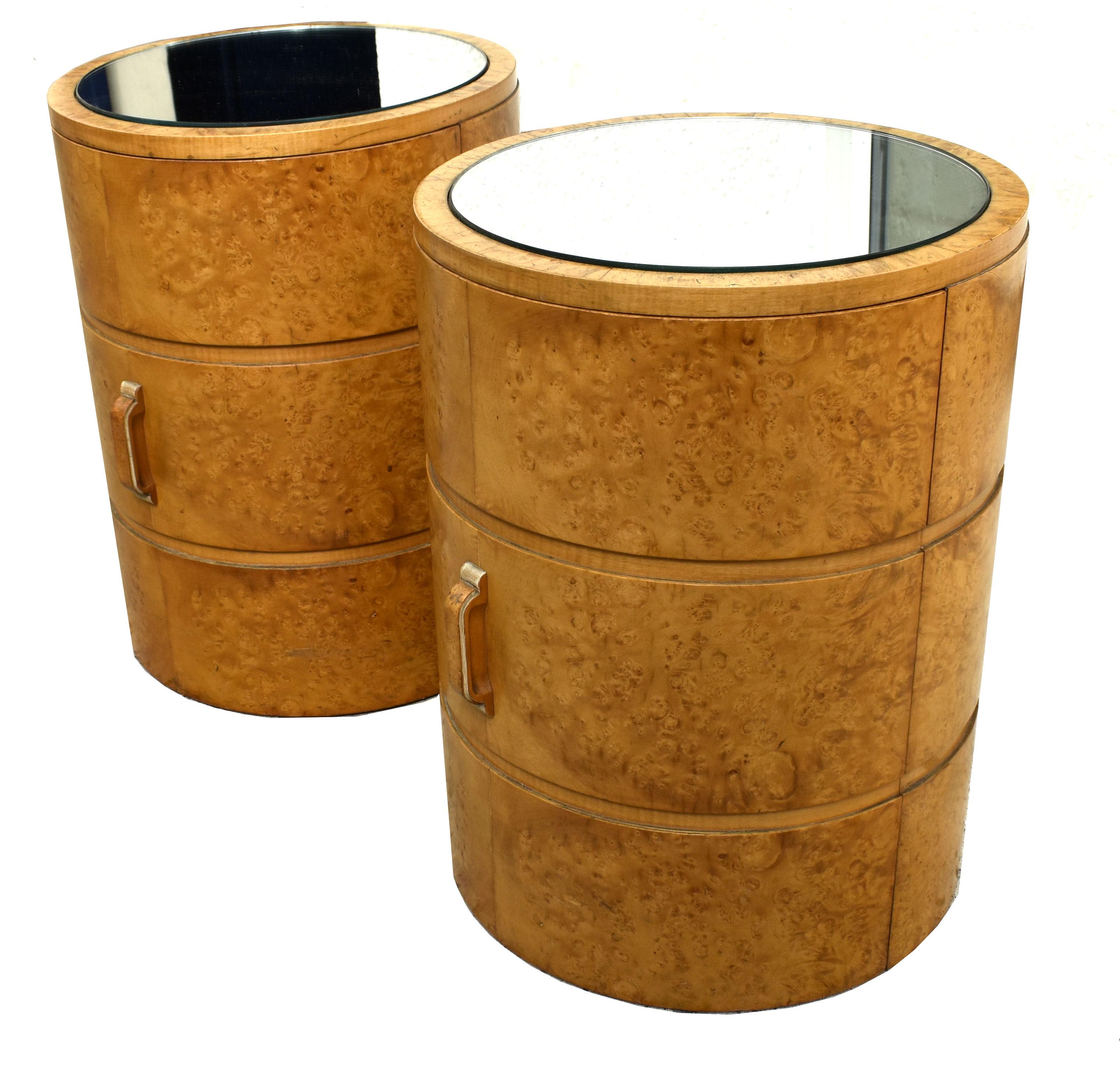 20th Century Art Deco Matching Blonde Pair of Circular Drum Shaped Bedside Cabinets, c1930