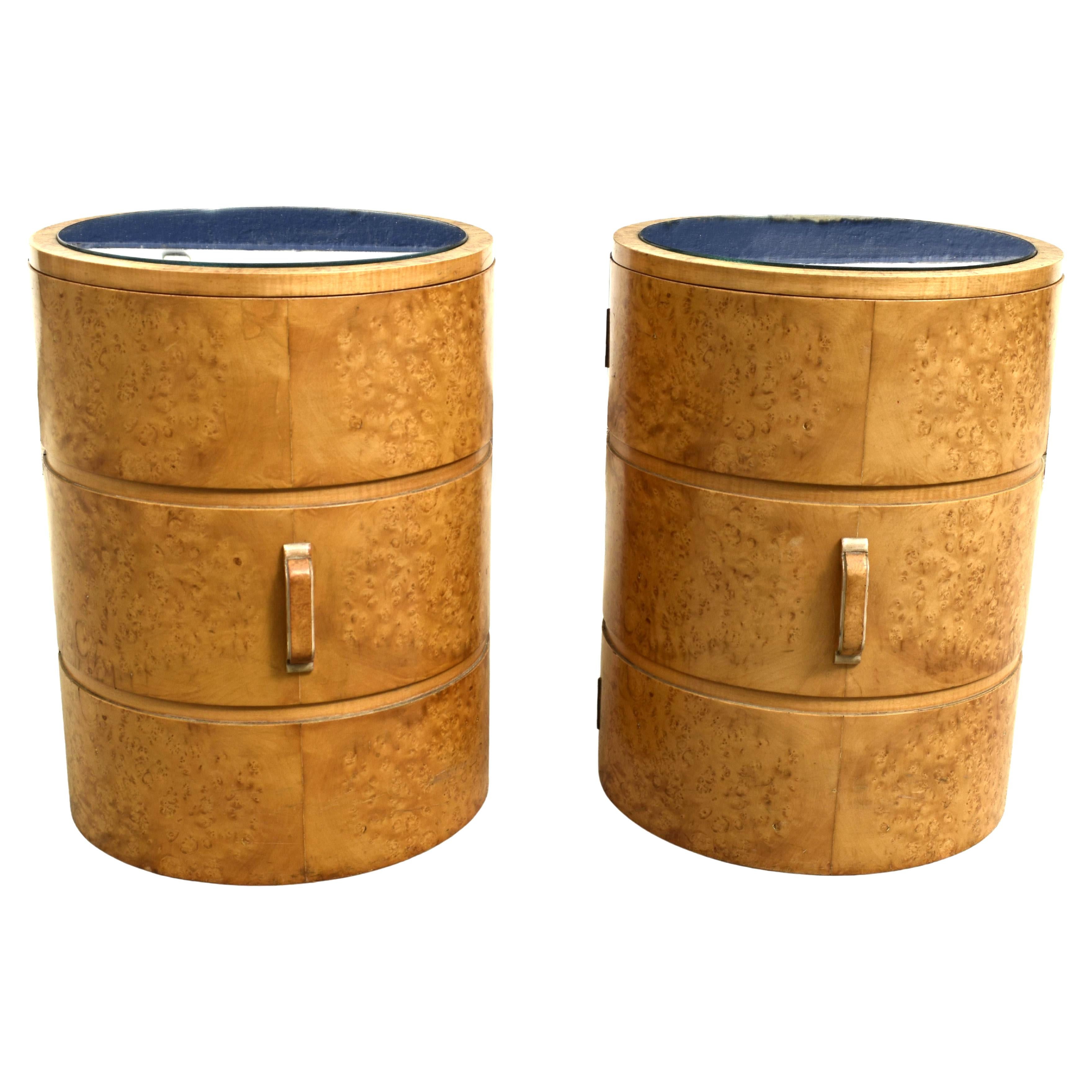 Art Deco Matching Blonde Pair of Circular Drum Shaped Bedside Cabinets, c1930 1
