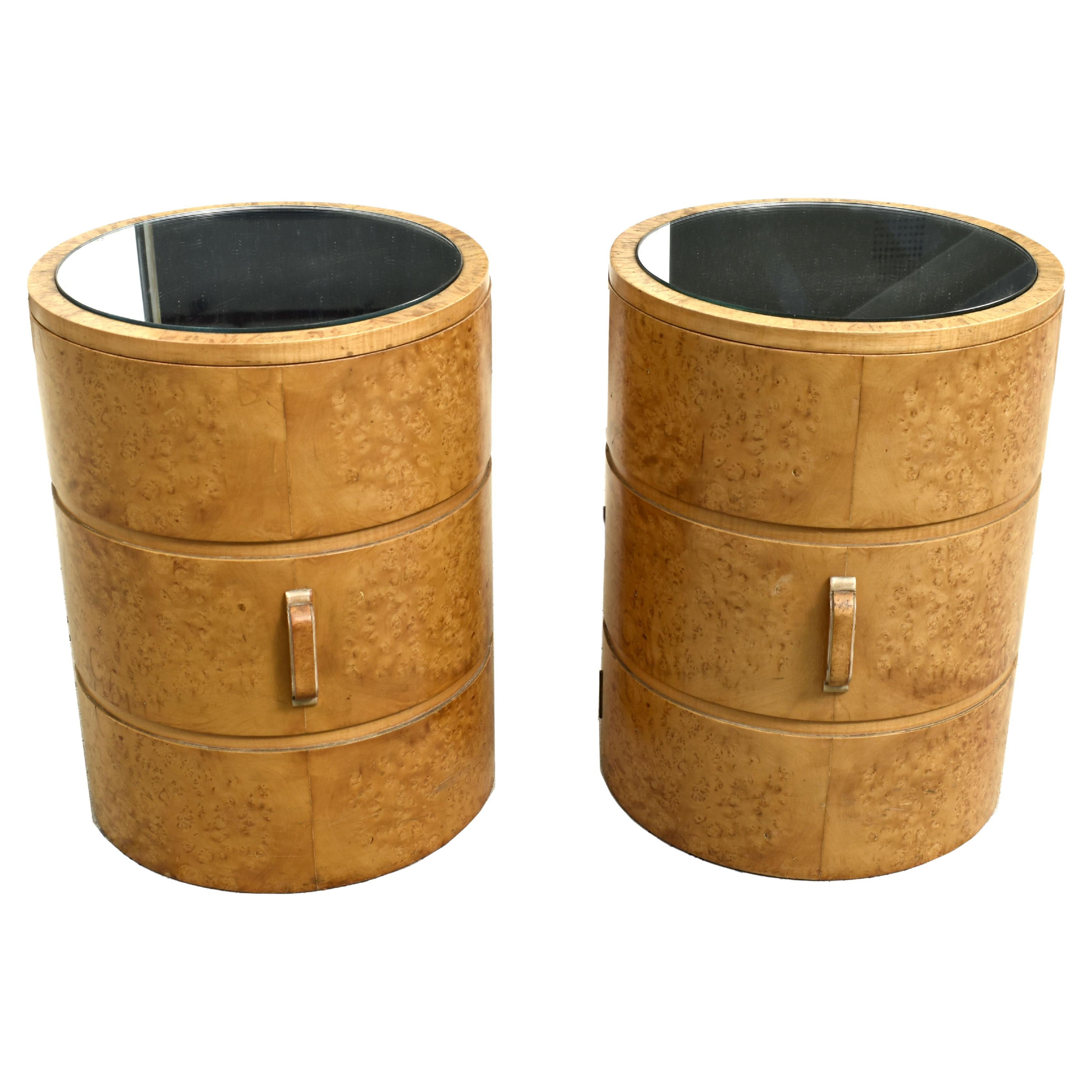 Art Deco Matching Blonde Pair of Circular Drum Shaped Bedside Cabinets, c1930