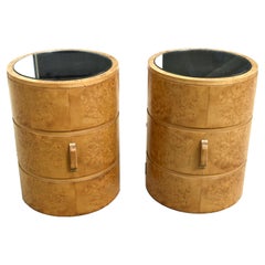 Vintage Art Deco Matching Blonde Pair of Circular Drum Shaped Bedside Cabinets, c1930