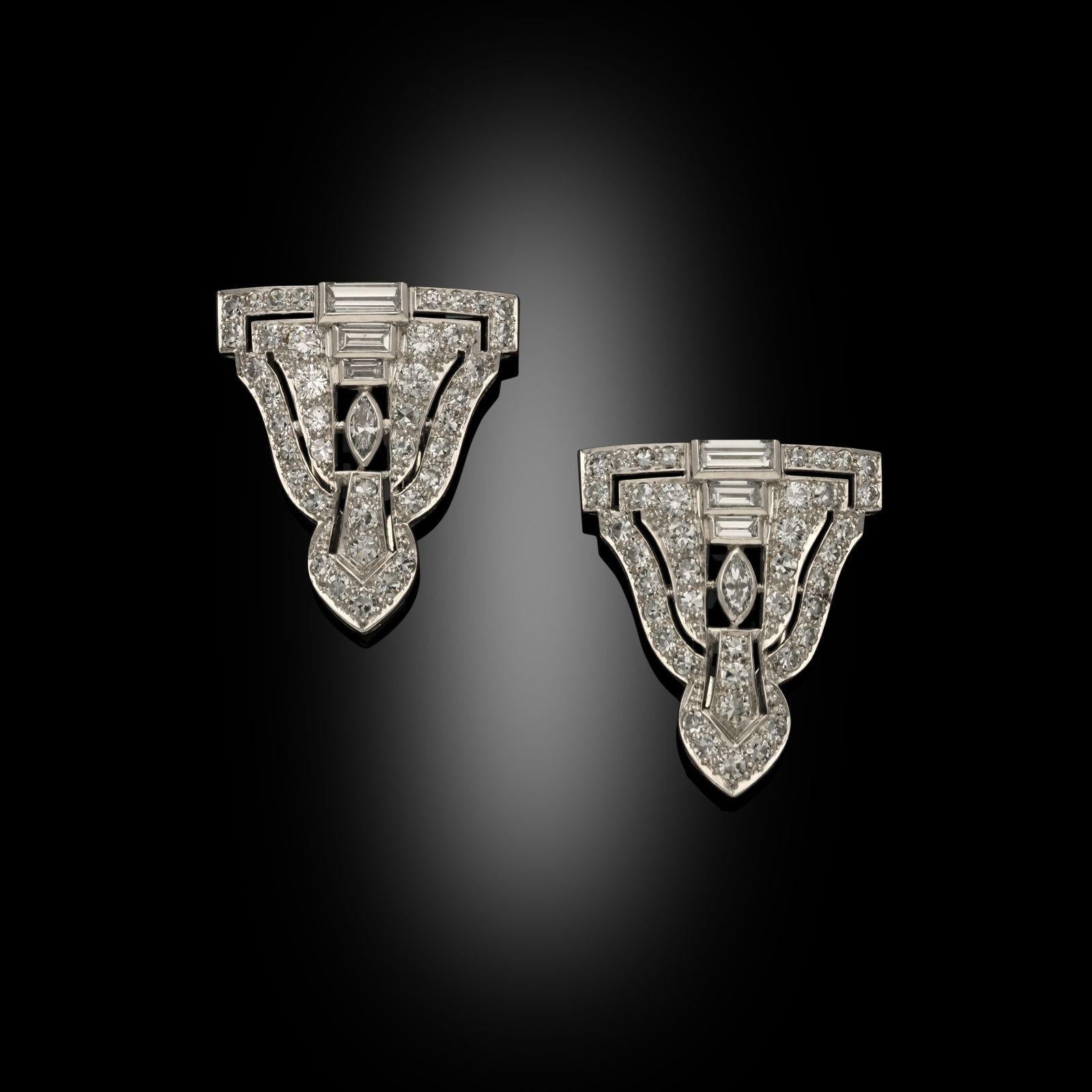 Brilliant Cut Art Deco Matching Diamond Clips Circa 1925 For Sale