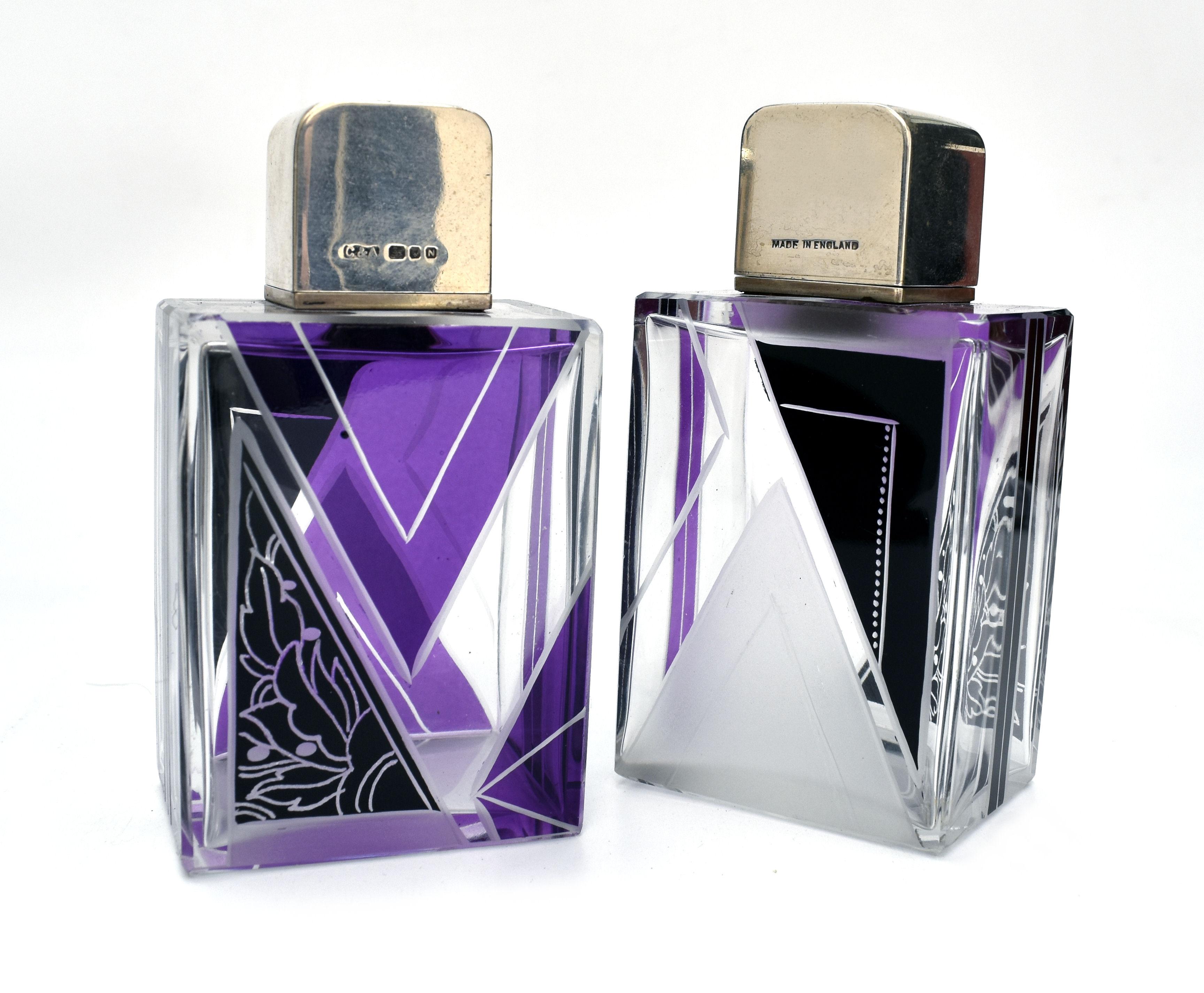 Czech Art Deco Matching Gents Glass and Silver Cologne Bottles, circa 1930